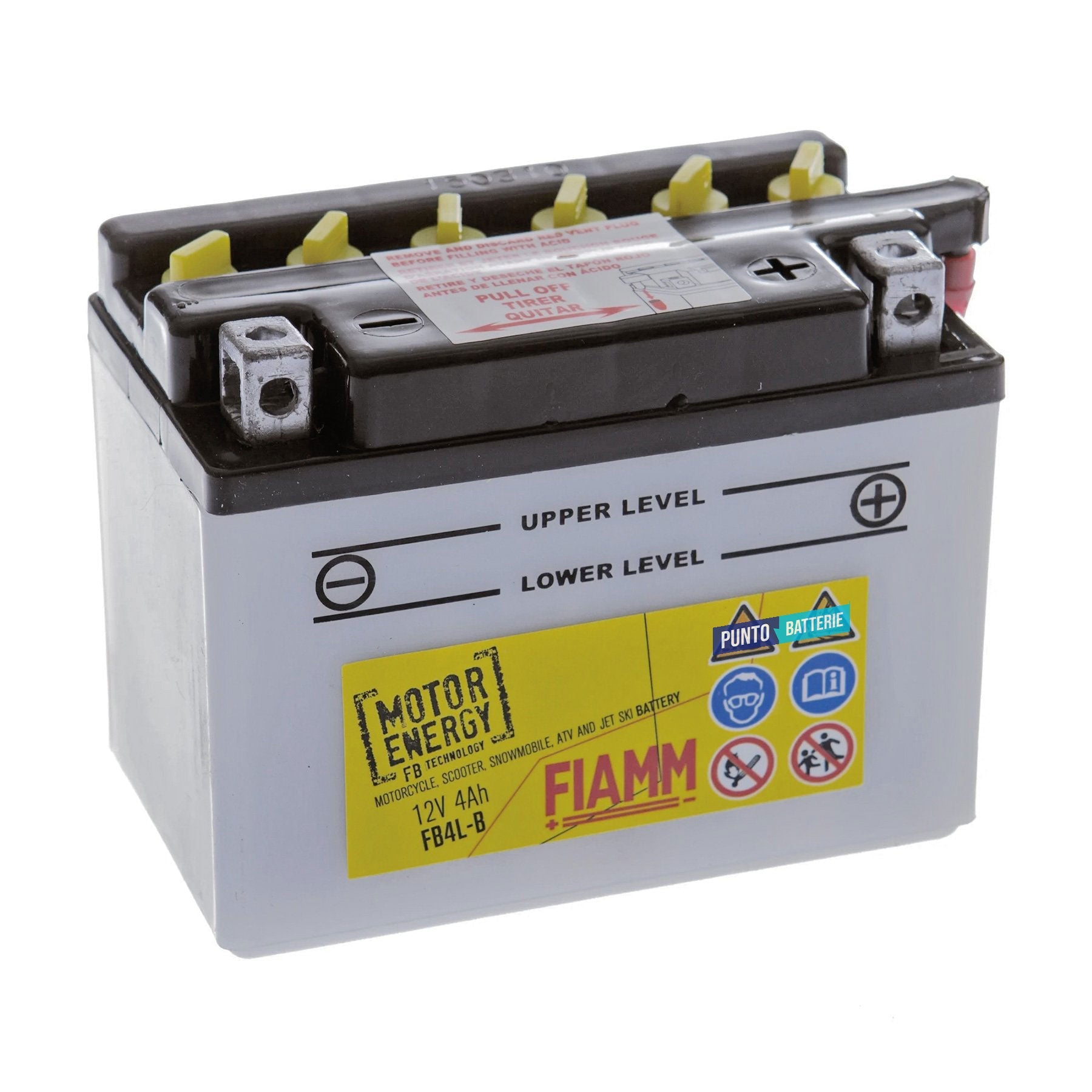 Batteria originale Fiamm Motor Energy FB FB4L-B, dimensioni 120 x 70 x 92, polo positivo a destra, 12 volt, 4 amperora, 50 ampere. Batteria per moto, scooter e powersport.