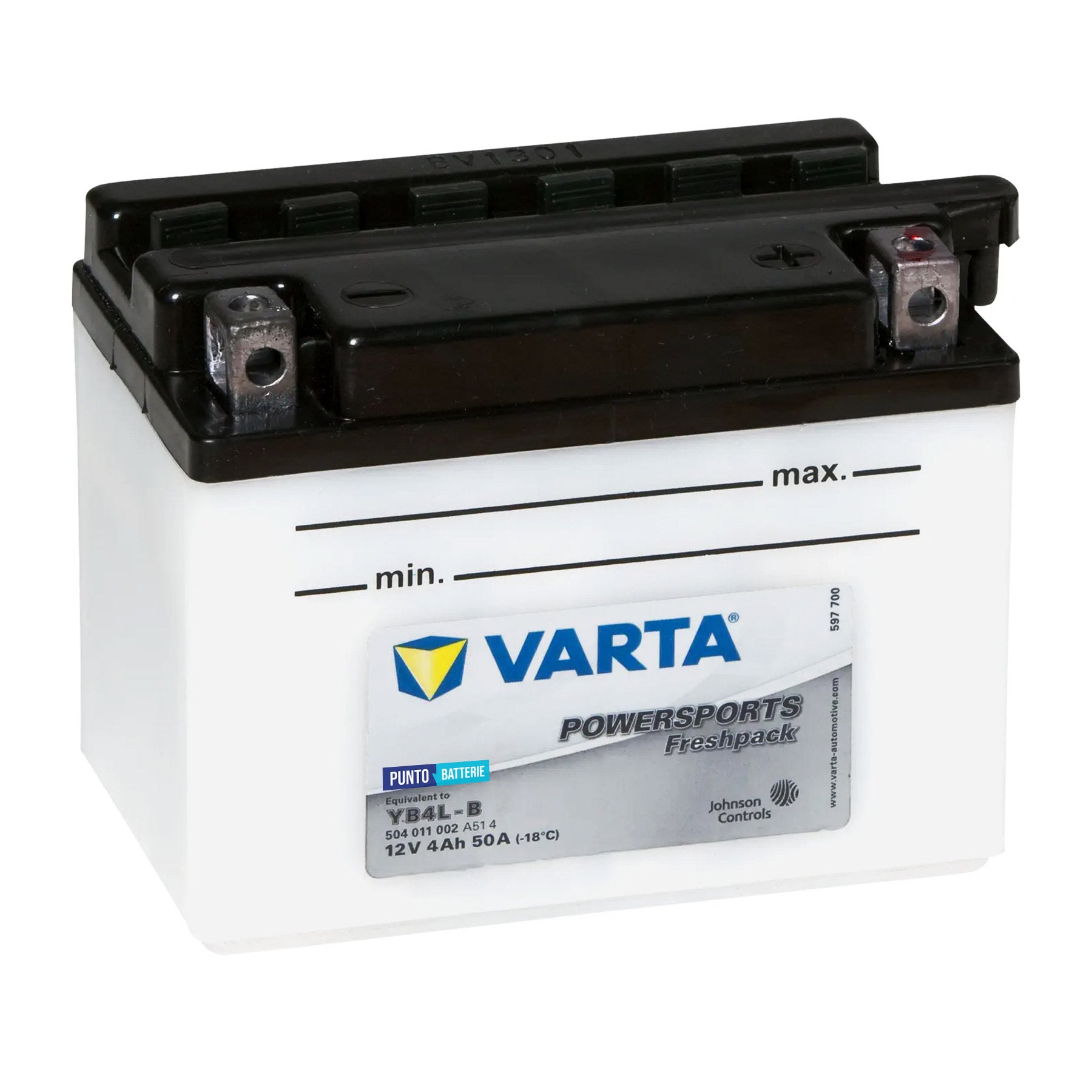 Batteria originale Varta Powersport Freshpack YB4L-B, dimensioni 176 x 101 x 176, polo positivo a destra, 12 volt, 4 amperora, 50 ampere. Batteria per moto, scooter e powersport.