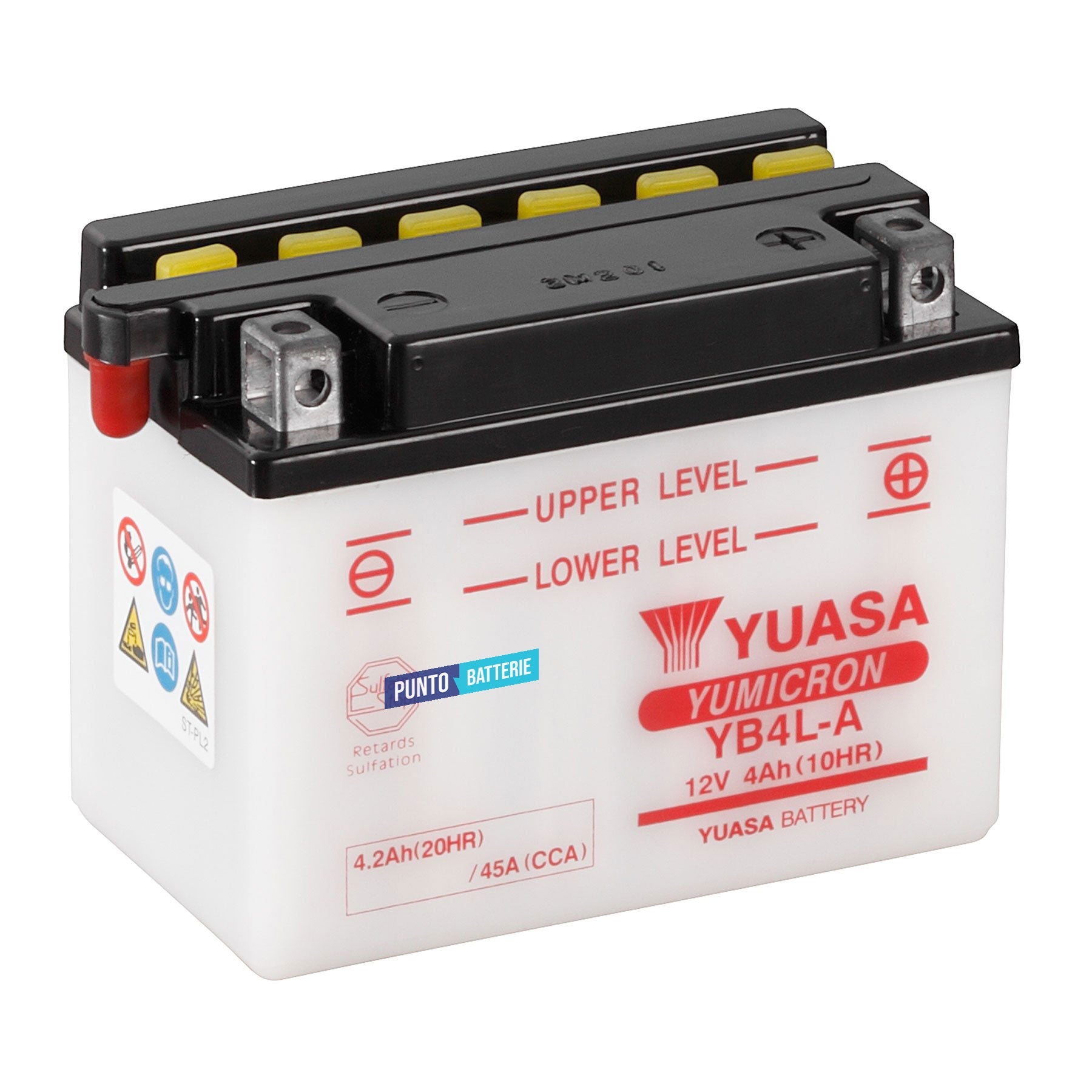 Batteria originale Yuasa YuMicron YB4L-A, dimensioni 120 x 70 x 92, polo positivo a destra, 12 volt, 4 amperora, 45 ampere. Batteria per moto, scooter e powersport.