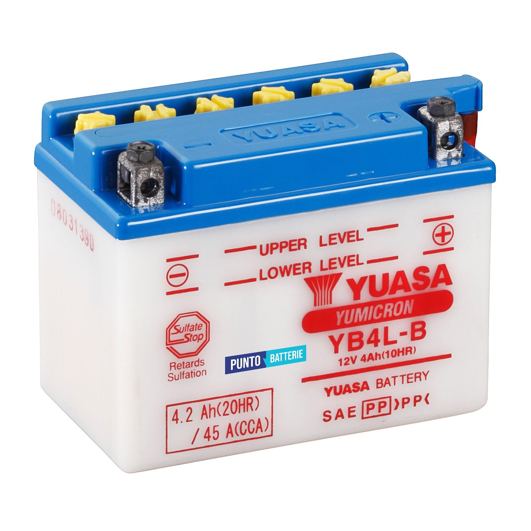 Batteria originale Yuasa YuMicron YB4L-B, dimensioni 121 x 71 x 93, polo positivo a destra, 12 volt, 4 amperora, 45 ampere. Batteria per moto, scooter e powersport.