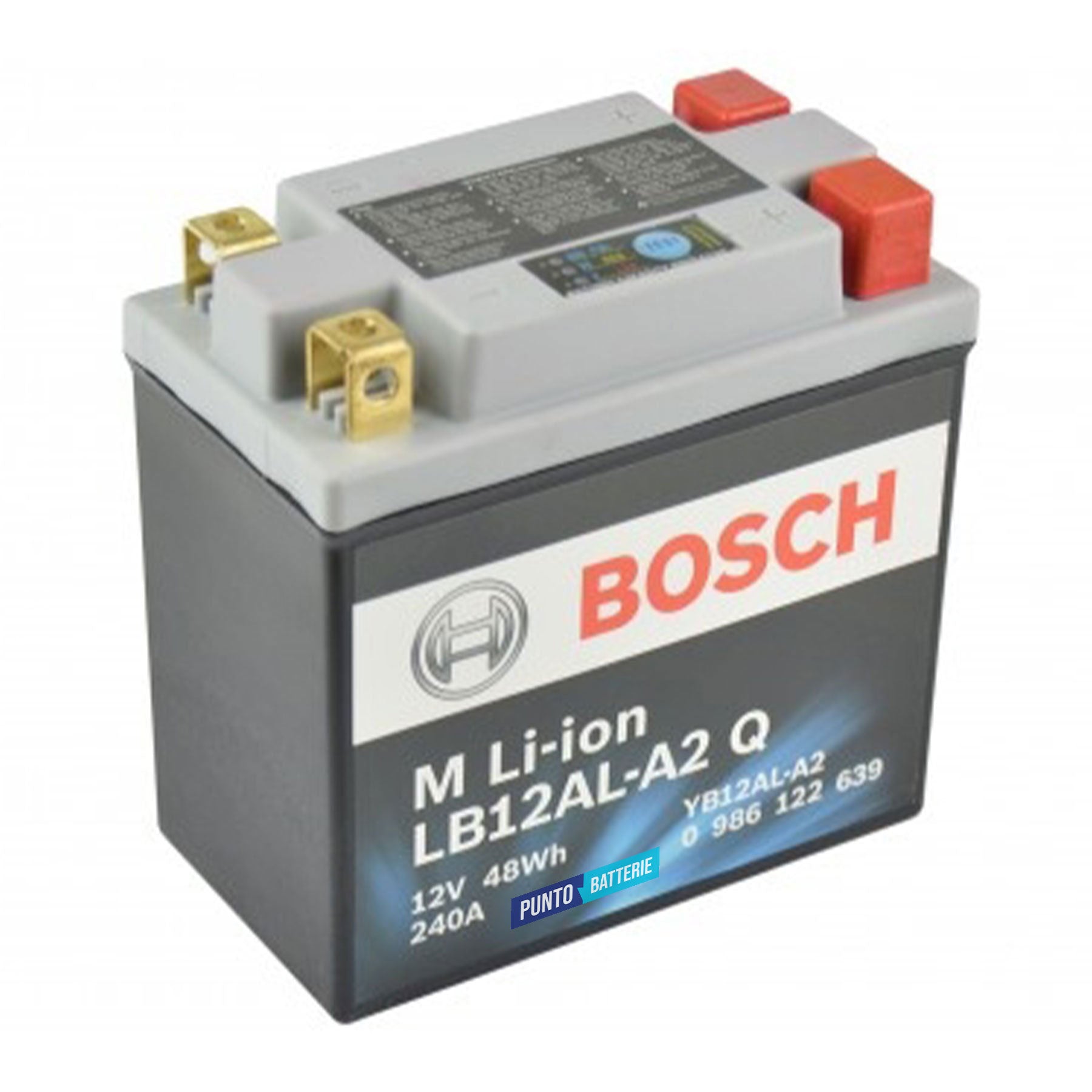 Batteria originale Bosch M Li-ion LB12AL-A2, dimensioni 134 x 75 x 161, polo positivo a destra e sinistra, 12 volt, 4 amperora, 240 ampere. Batteria per moto, scooter e powersport.
