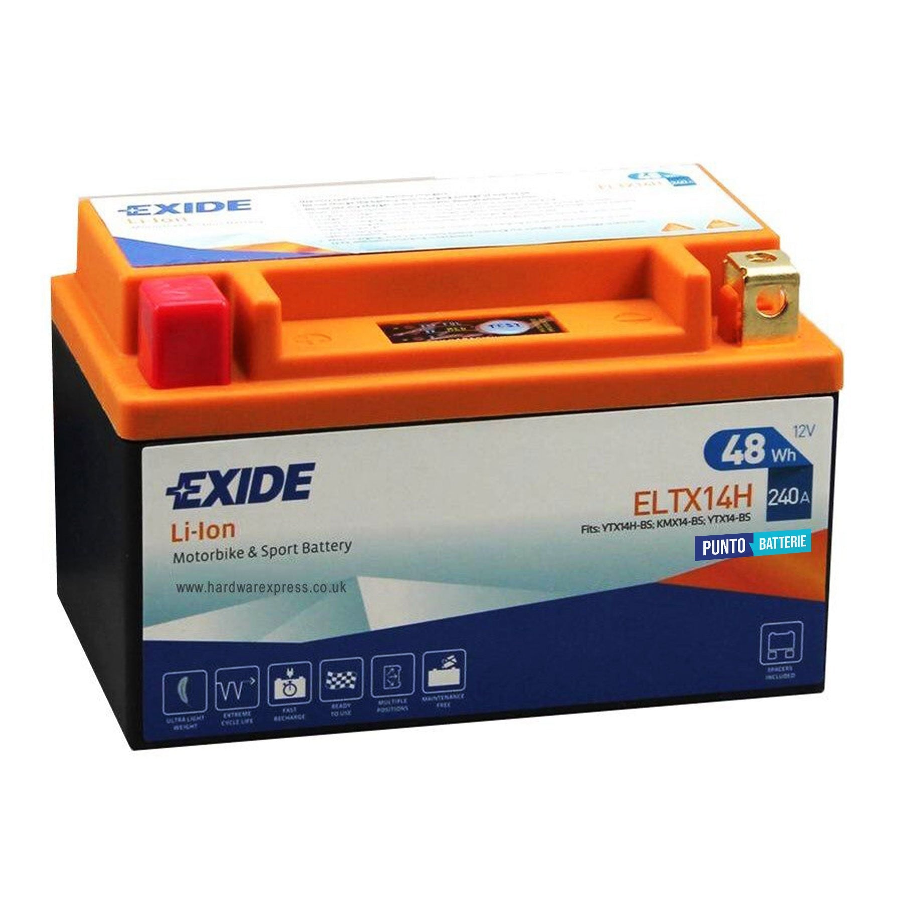 Batteria originale Exide LI-ION ELTX14H, dimensioni 150 x 90 x 95, polo positivo a sinistra, 12 volt, 4 amperora, 240 ampere. Batteria per moto, scooter e powersport.