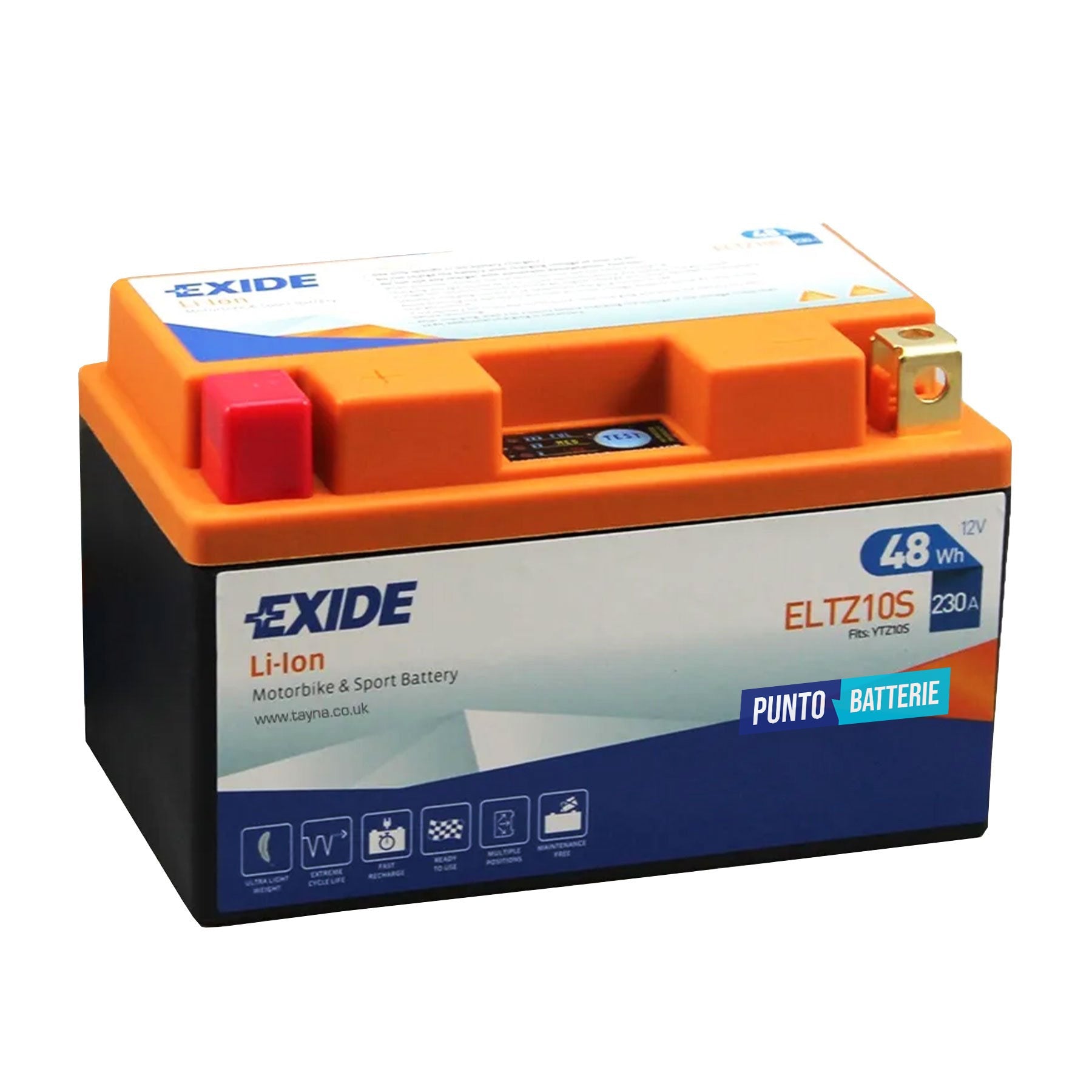 Batteria originale Exide LI-ION ELTZ10S, dimensioni 150 x 90 x 95, polo positivo a sinistra, 12 volt, 4 amperora, 230 ampere. Batteria per moto, scooter e powersport.