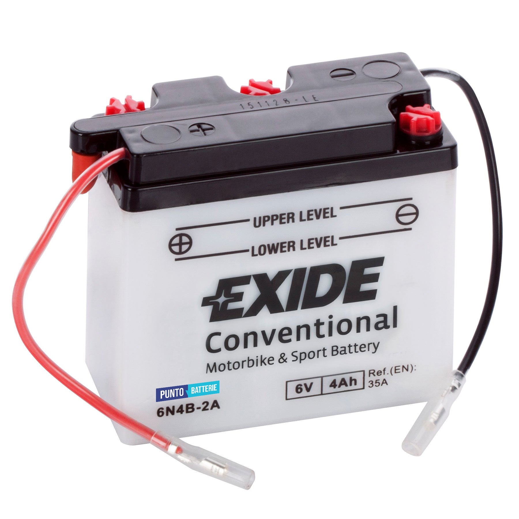 Batteria originale Exide Conventional 6N4B-2A, dimensioni 101 x 47 x 95, polo positivo a sinistra, 6 volt, 4 amperora, 35 ampere. Batteria per moto, scooter e powersport.