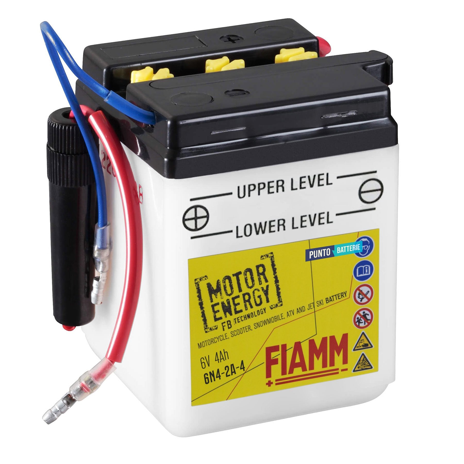 Batteria originale Fiamm Motor Energy FB 6N4-2A-4, dimensioni 70 x 70 x 95, polo positivo a destra, 6 volt, 4 amperora, 20 ampere. Batteria per moto, scooter e powersport.