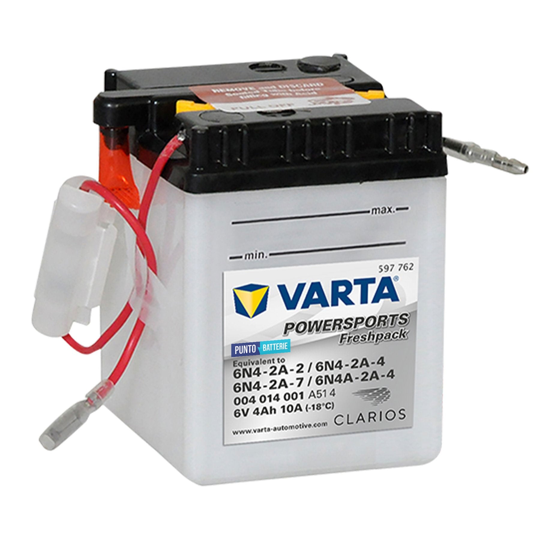 Batteria originale Varta Powersport Freshpack 6N4-2A-2, dimensioni 71 x 71 x 96, polo positivo a destra, 6 volt, 4 amperora, 10 ampere. Batteria per moto, scooter e powersport.