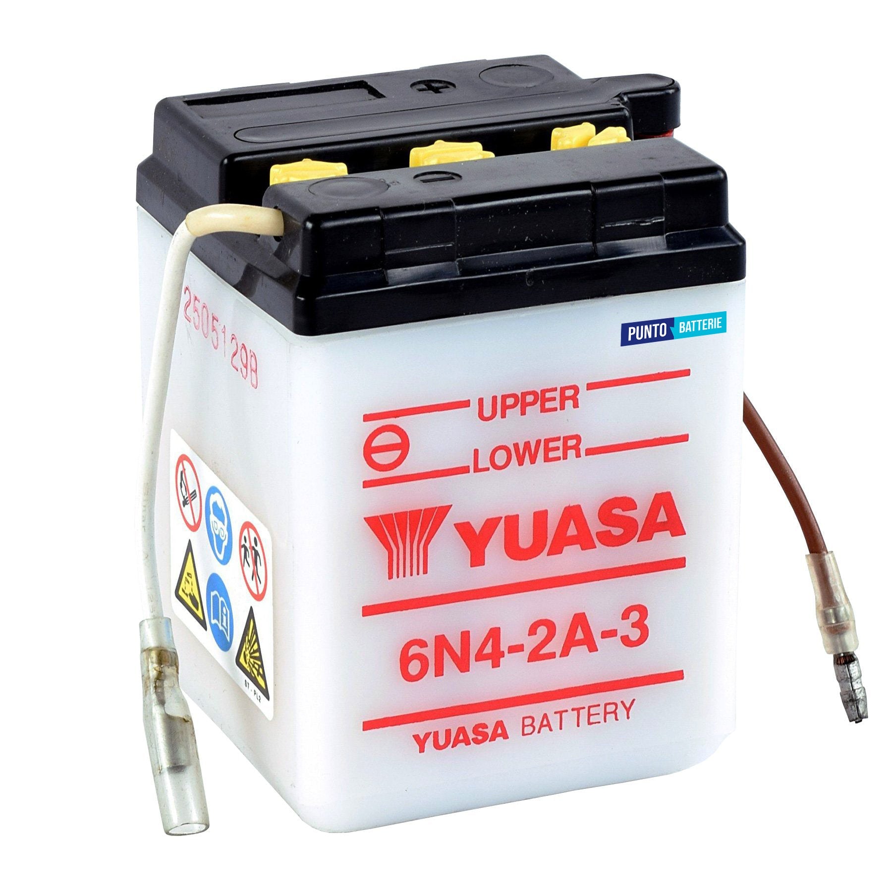 Batteria originale Yuasa Conventional 6N4-2A-3, dimensioni 71 x 71 x 96, polo positivo a sinistra, 6 volt, 4 amperora. Batteria per moto, scooter e powersport.