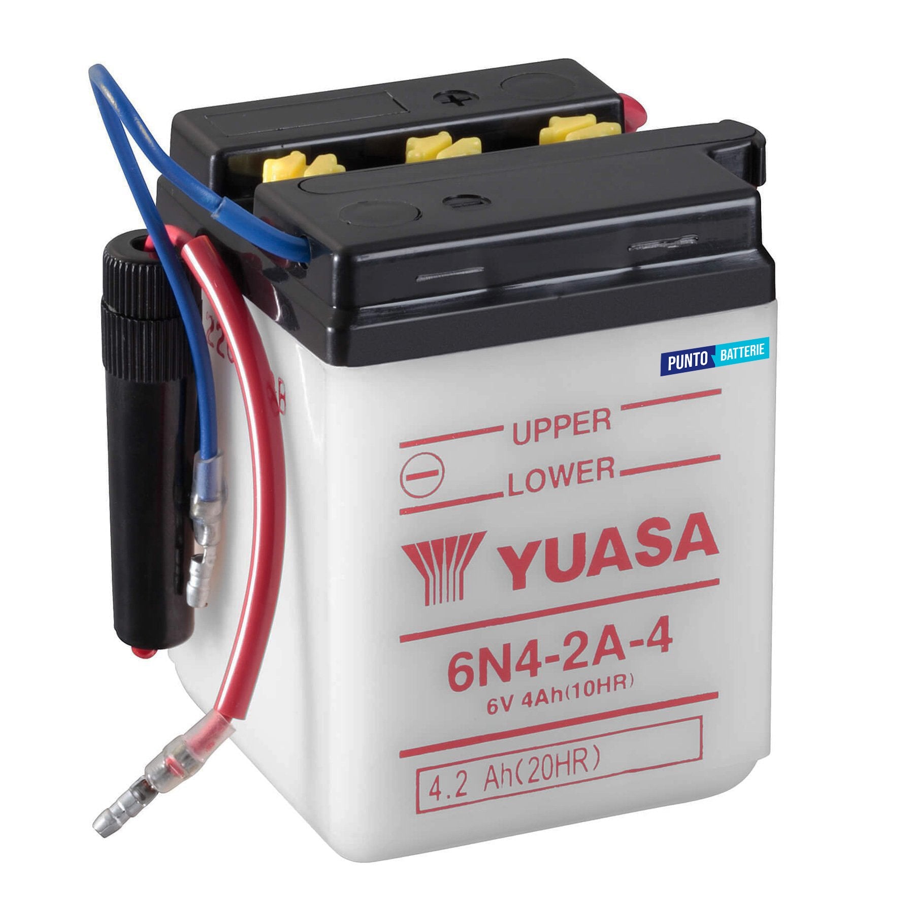 Batteria originale Yuasa Conventional 6N4-2A-4, dimensioni 71 x 71 x 96, polo positivo a sinistra, 6 volt, 4 amperora. Batteria per moto, scooter e powersport.