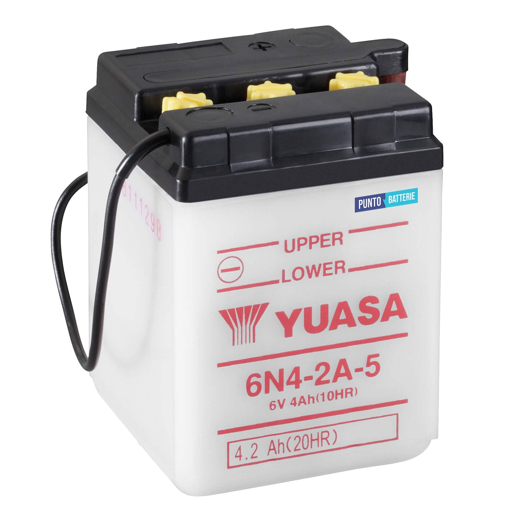 Batteria originale Yuasa Conventional 6N4-2A-5, dimensioni 71 x 71 x 96, polo positivo a sinistra, 6 volt, 4 amperora. Batteria per moto, scooter e powersport.