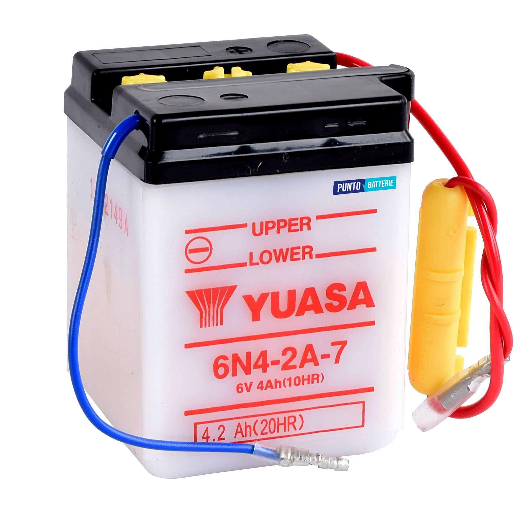 Batteria originale Yuasa Conventional 6N4-2A-7, dimensioni 71 x 71 x 96, polo positivo a sinistra, 6 volt, 4 amperora. Batteria per moto, scooter e powersport.