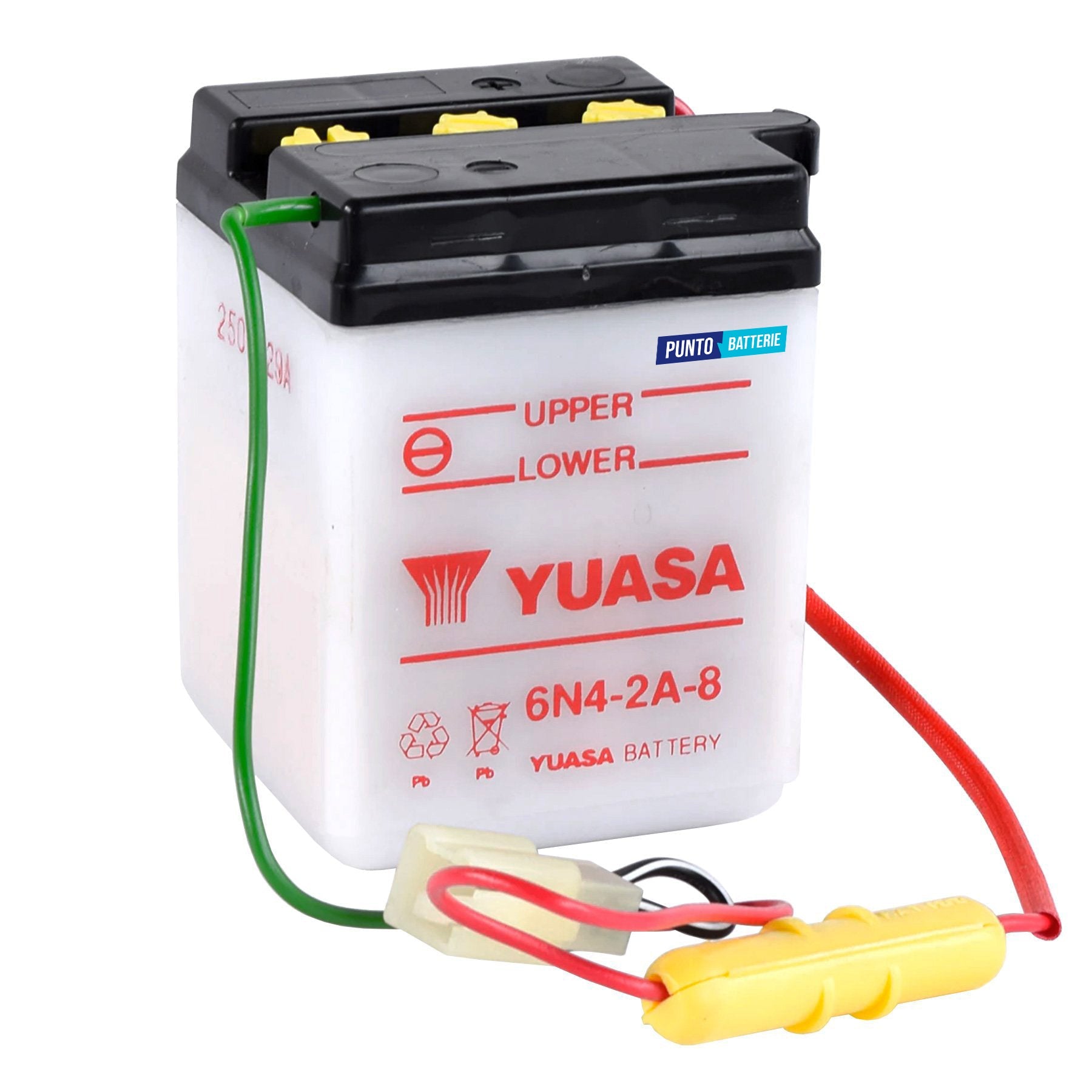 Batteria originale Yuasa Conventional 6N4-2A-8, dimensioni 71 x 71 x 96, polo positivo a sinistra, 6 volt, 4 amperora. Batteria per moto, scooter e powersport.