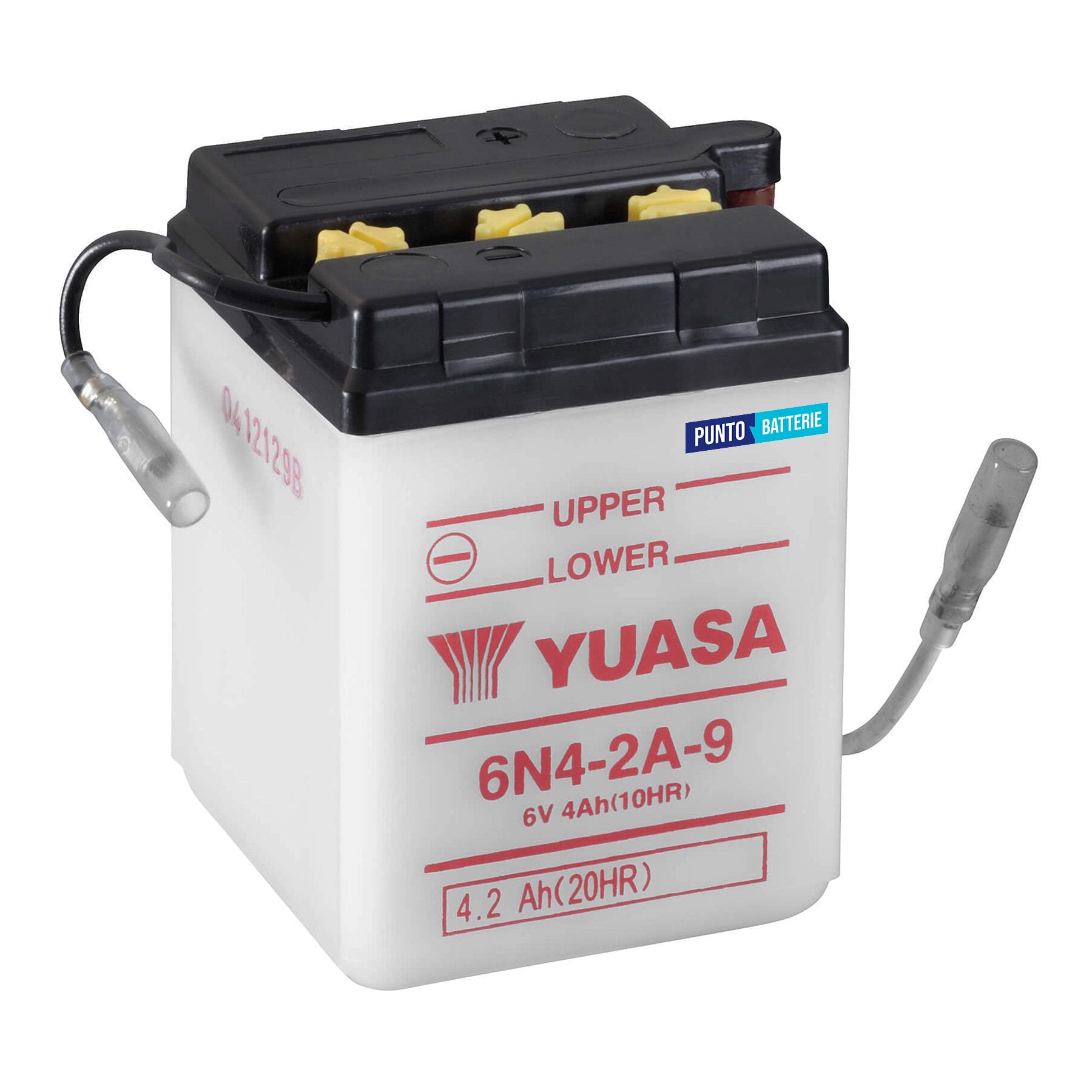 Batteria originale Yuasa Conventional 6N4-2A-9, dimensioni 71 x 71 x 96, polo positivo a sinistra, 6 volt, 4 amperora. Batteria per moto, scooter e powersport.