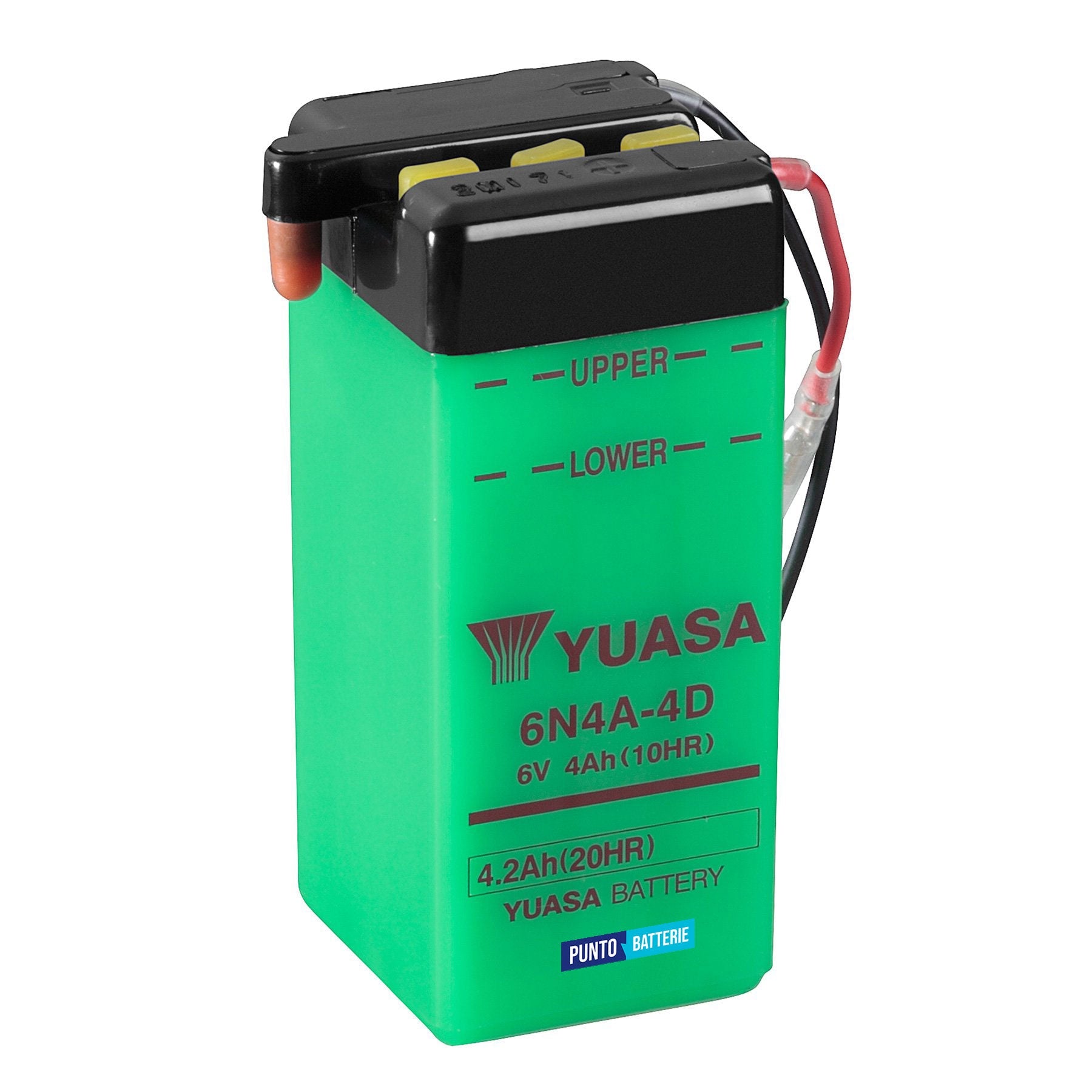 Batteria originale Yuasa Conventional 6N4A-4D, dimensioni 61 x 57 x 131, polo positivo a sinistra, 6 volt, 4 amperora. Batteria per moto, scooter e powersport.