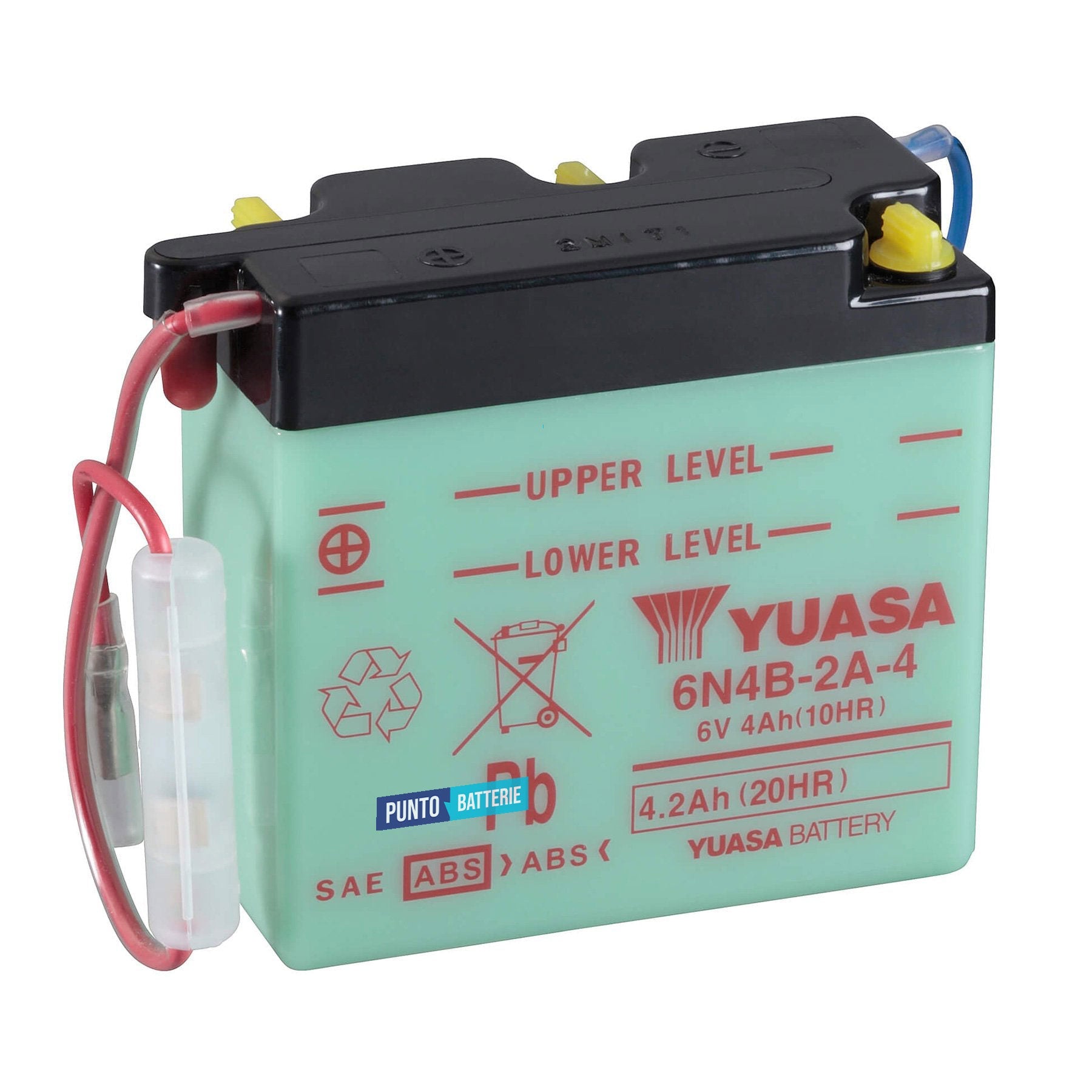 Batteria originale Yuasa Conventional 6N4B-2A-4, dimensioni 102 x 48 x 96, polo positivo a sinistra, 6 volt, 4 amperora. Batteria per moto, scooter e powersport.