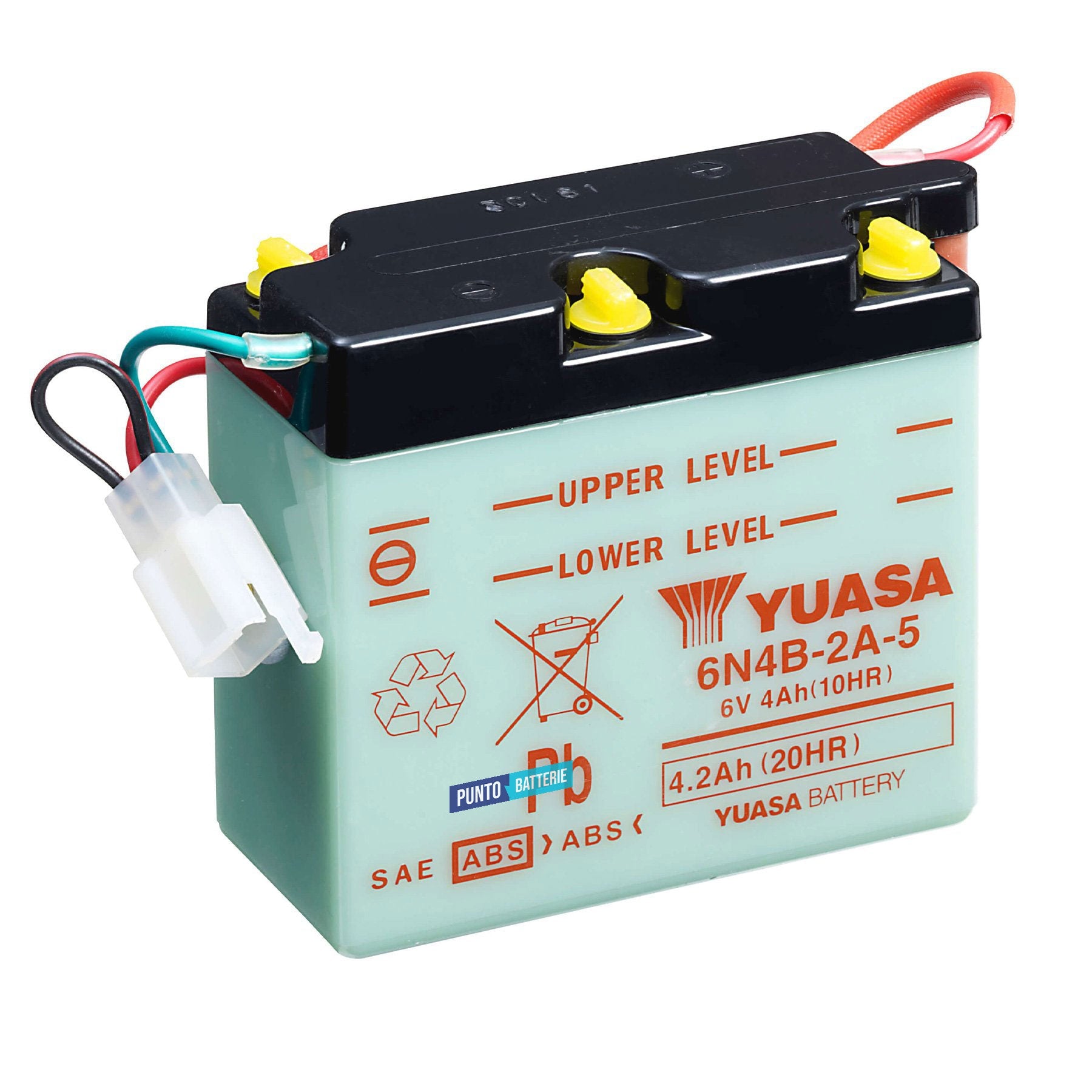 Batteria originale Yuasa Conventional 6N4B-2A-5, dimensioni 102 x 48 x 96, polo positivo a sinistra, 6 volt, 4 amperora. Batteria per moto, scooter e powersport.