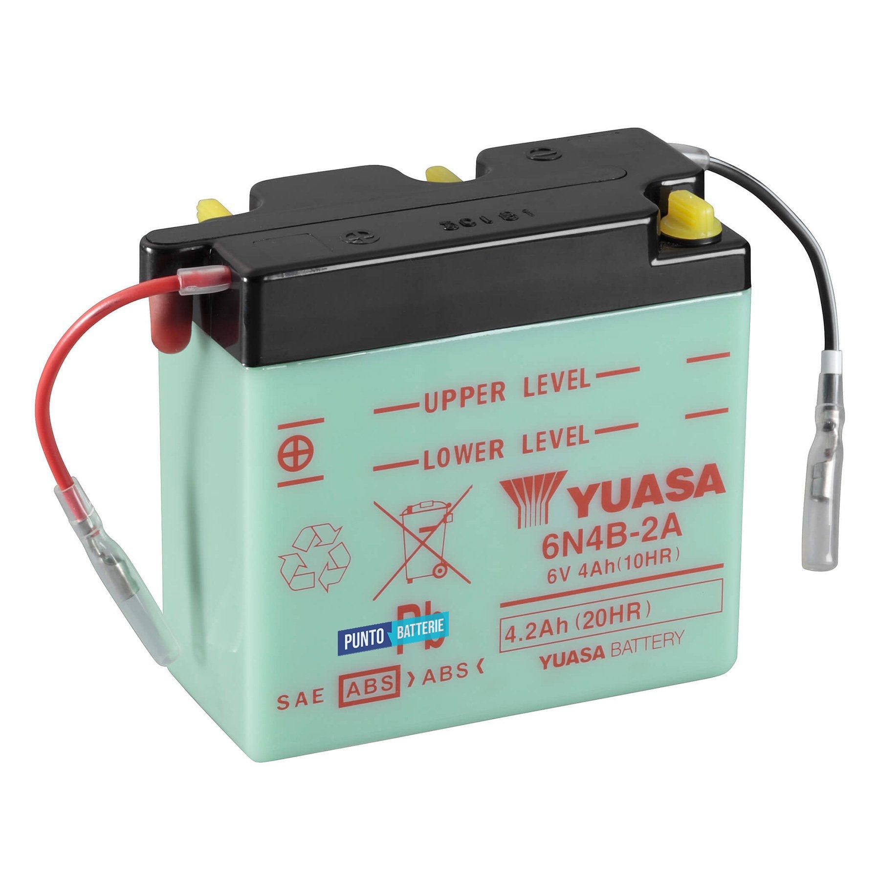 Batteria originale Yuasa Conventional 6N4B-2A, dimensioni 102 x 48 x 96, polo positivo a sinistra, 6 volt, 4 amperora. Batteria per moto, scooter e powersport.