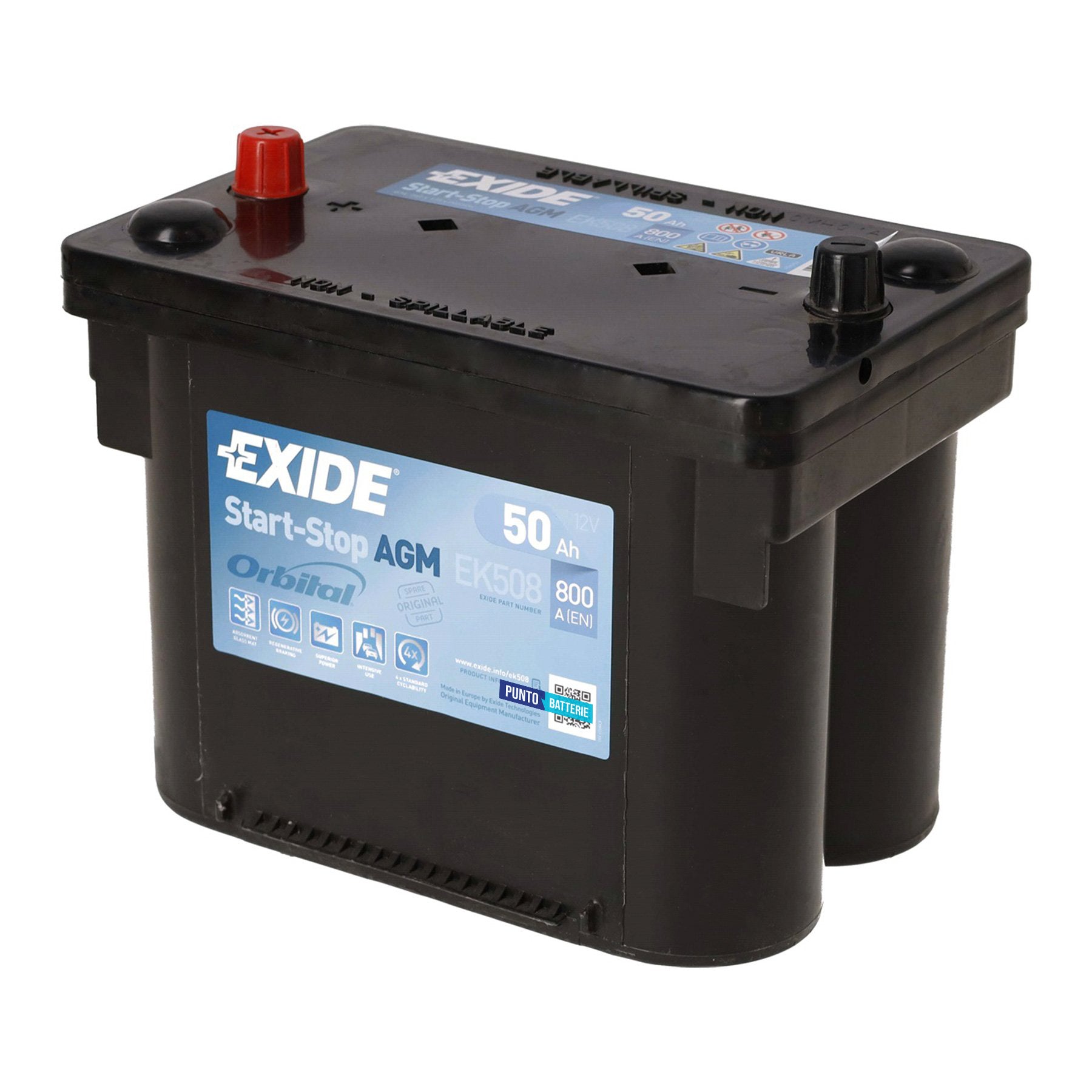 Batteria originale Exide AGM EK508, dimensioni 260 x 173 x 206, polo positivo a sinistra, 12 volt, 50 amperora, 800 ampere, AGM. Batteria per auto e veicoli leggeri con start e stop.