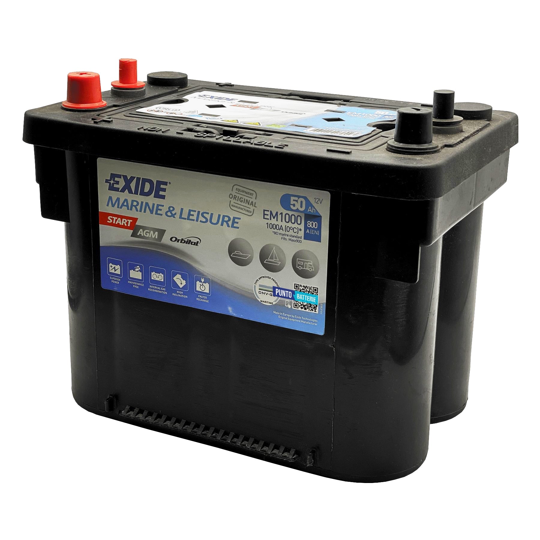 Batteria originale Exide Start AGM EM1000, dimensioni 260 x 173 x 206, 12 volt, 50 amperora, AGM. Batteria per nautica e campeggio.