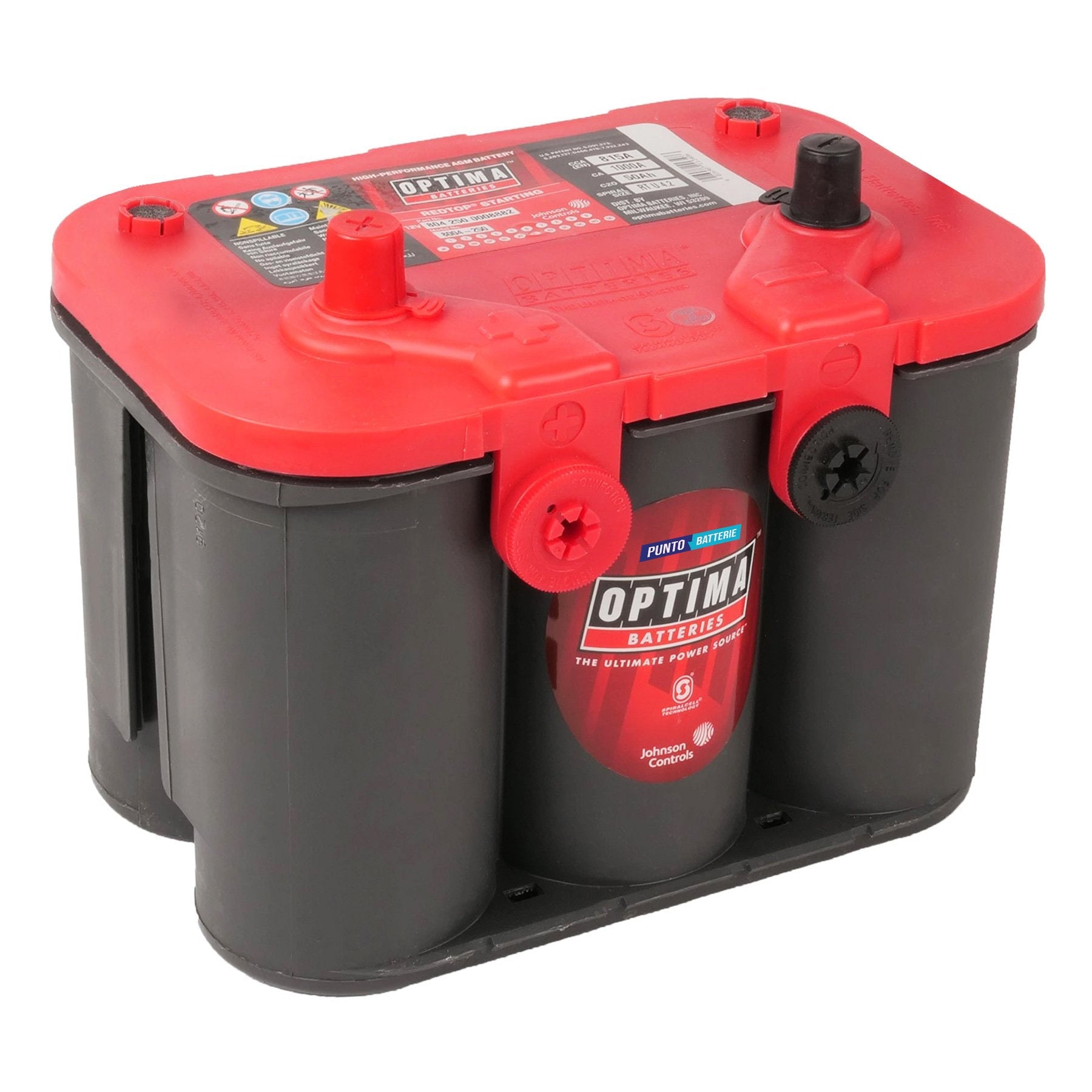 Batteria originale Optima Red Top RT U 4,2, dimensioni 254 x 175 x 200, polo positivo a sinistra, 12 volt, 50 amperora, 815 ampere, AGM. Batteria per veicoli e per l'alimentazione di servizi.