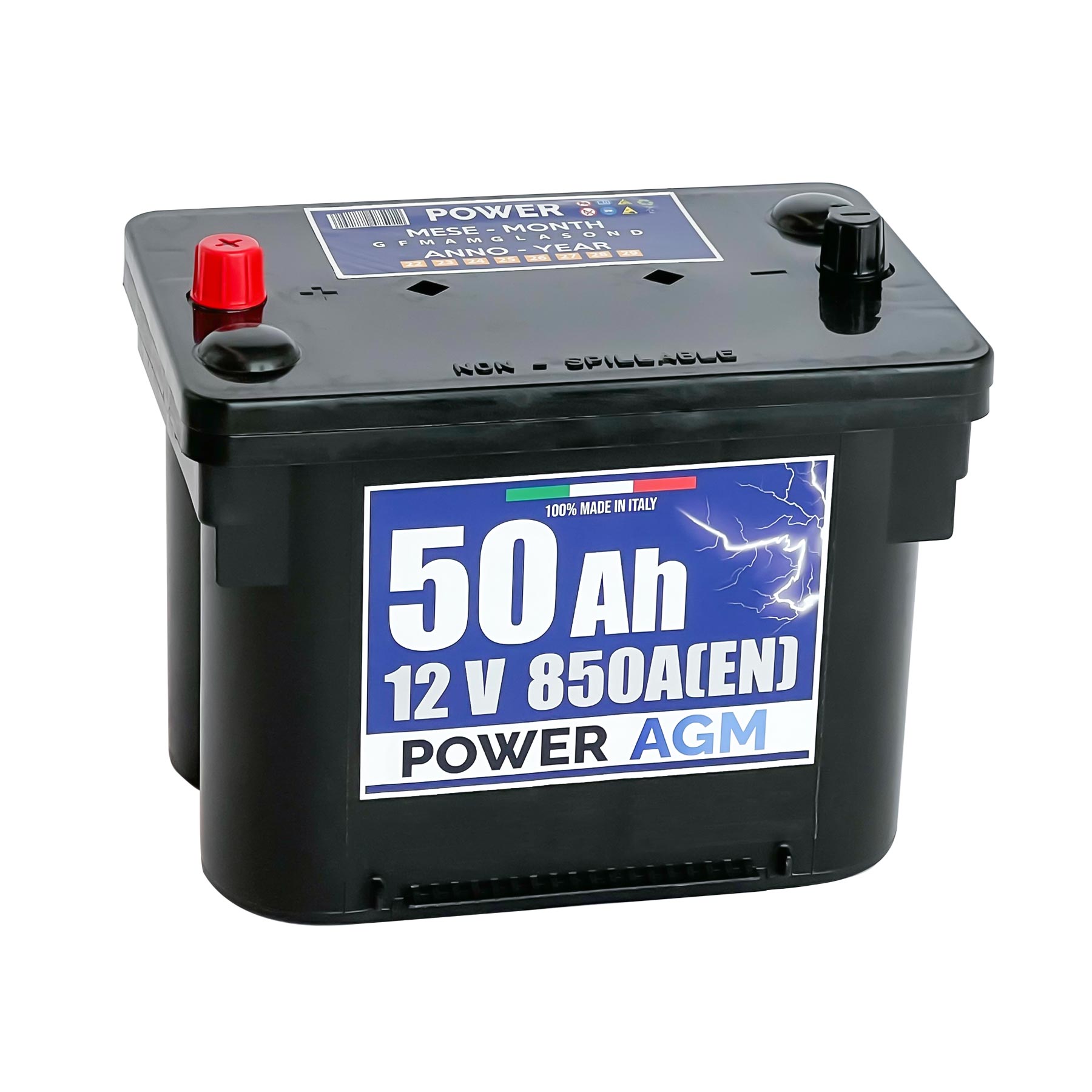 Batteria originale Power AGM PK508, dimensioni 260 x 175 x 190, polo positivo a sinistra, 12 volt, 50 amperora, 850 ampere, AGM. Batteria per auto e veicoli leggeri con start e stop.