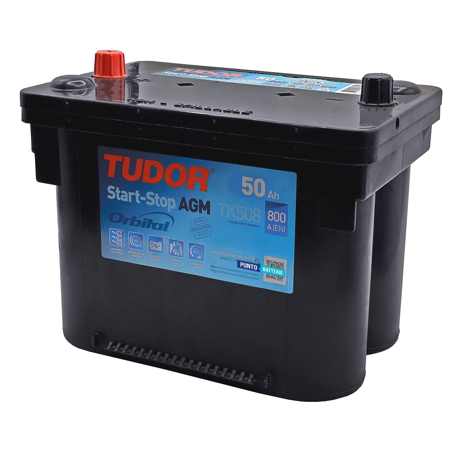 Batteria originale Tudor AGM TK508, dimensioni 260 x 173 x 206, polo positivo a sinistra, 12 volt, 50 amperora, 800 ampere, AGM. Batteria per auto e veicoli leggeri con start e stop.