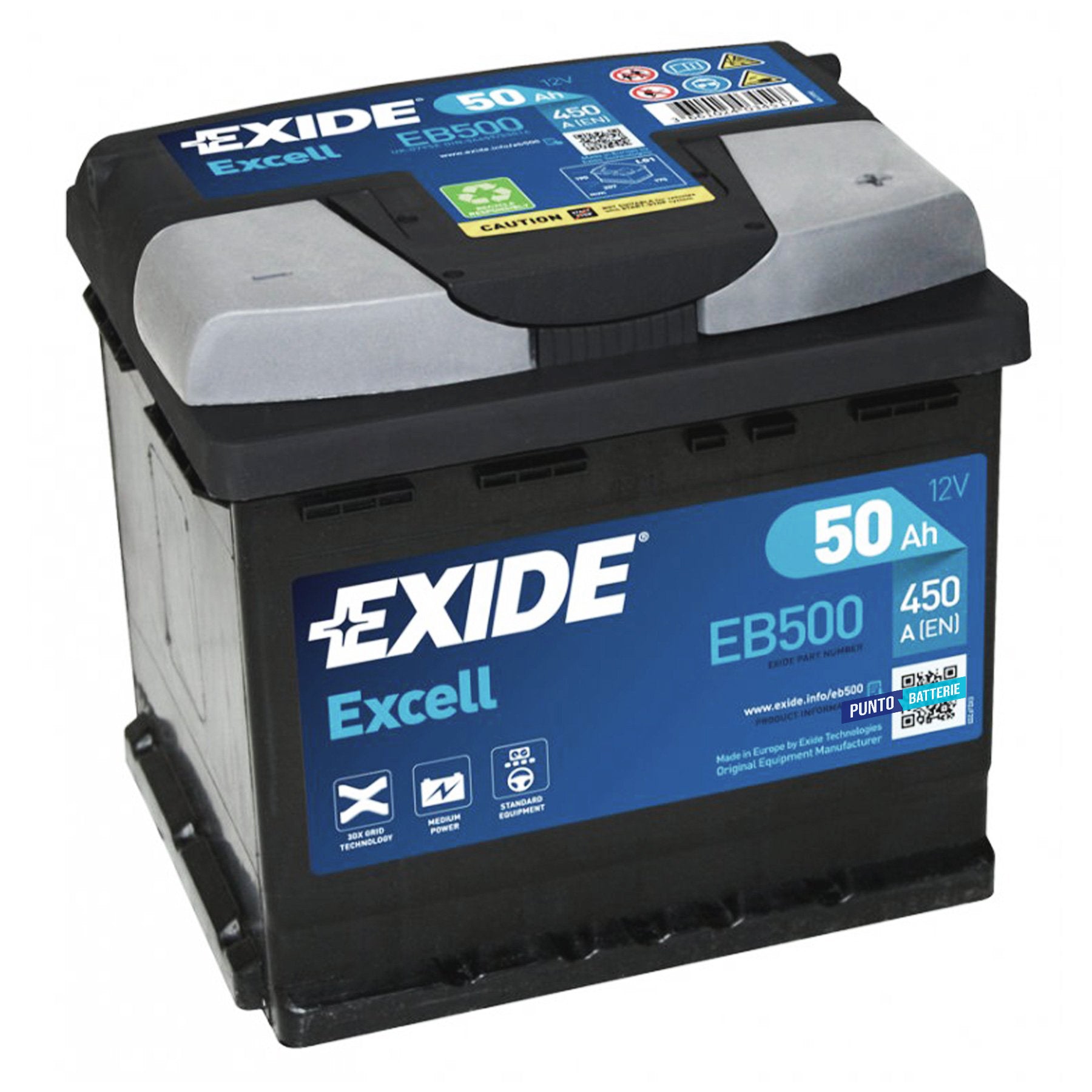 Batteria originale Exide Excell EB500, dimensioni 207 x 175 x 190, polo positivo a destra, 12 volt, 50 amperora, 450 ampere. Batteria per auto e veicoli leggeri.
