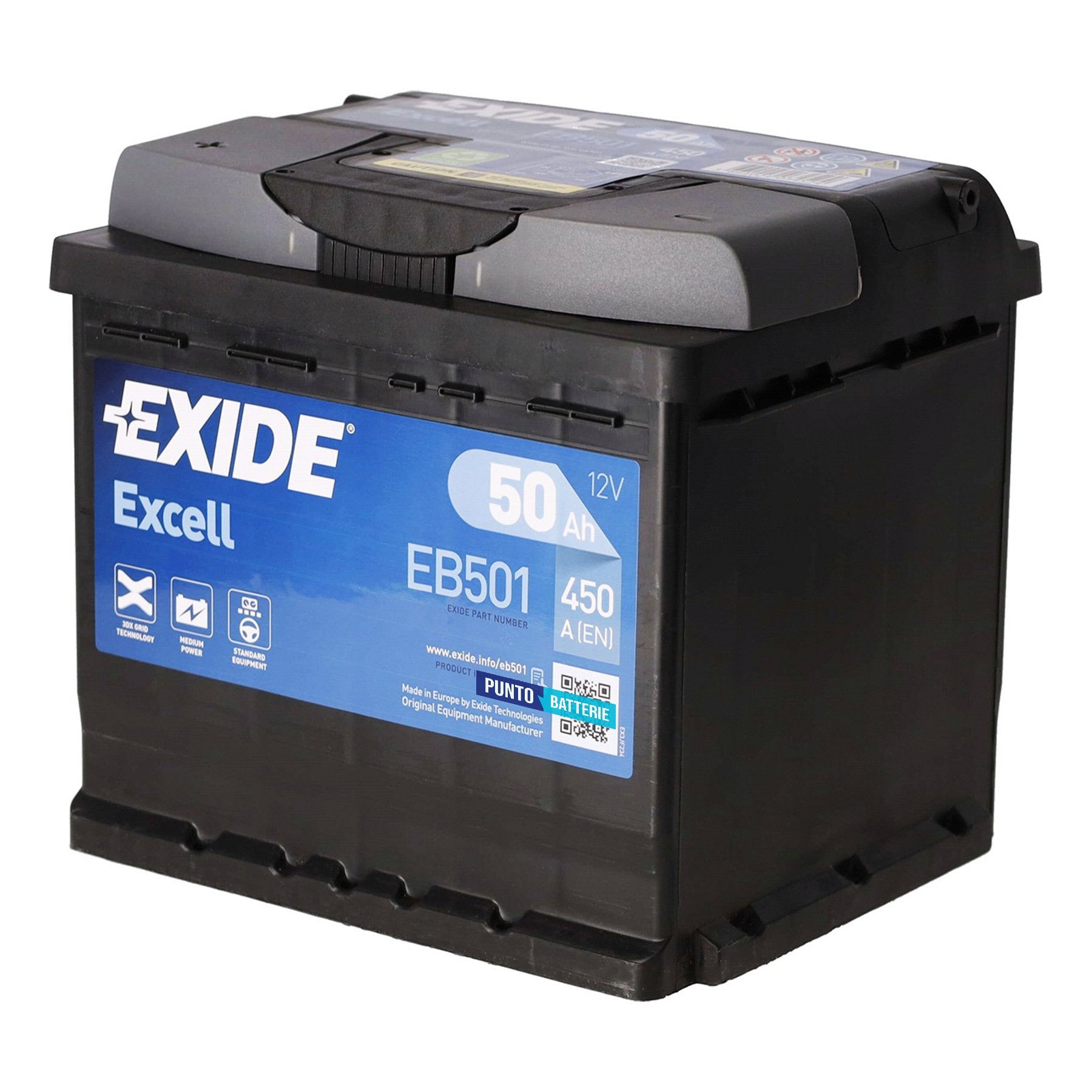Batteria originale Exide Excell EB501, dimensioni 207 x 175 x 190, polo positivo a sinistra, 12 volt, 50 amperora, 450 ampere. Batteria per auto e veicoli leggeri.