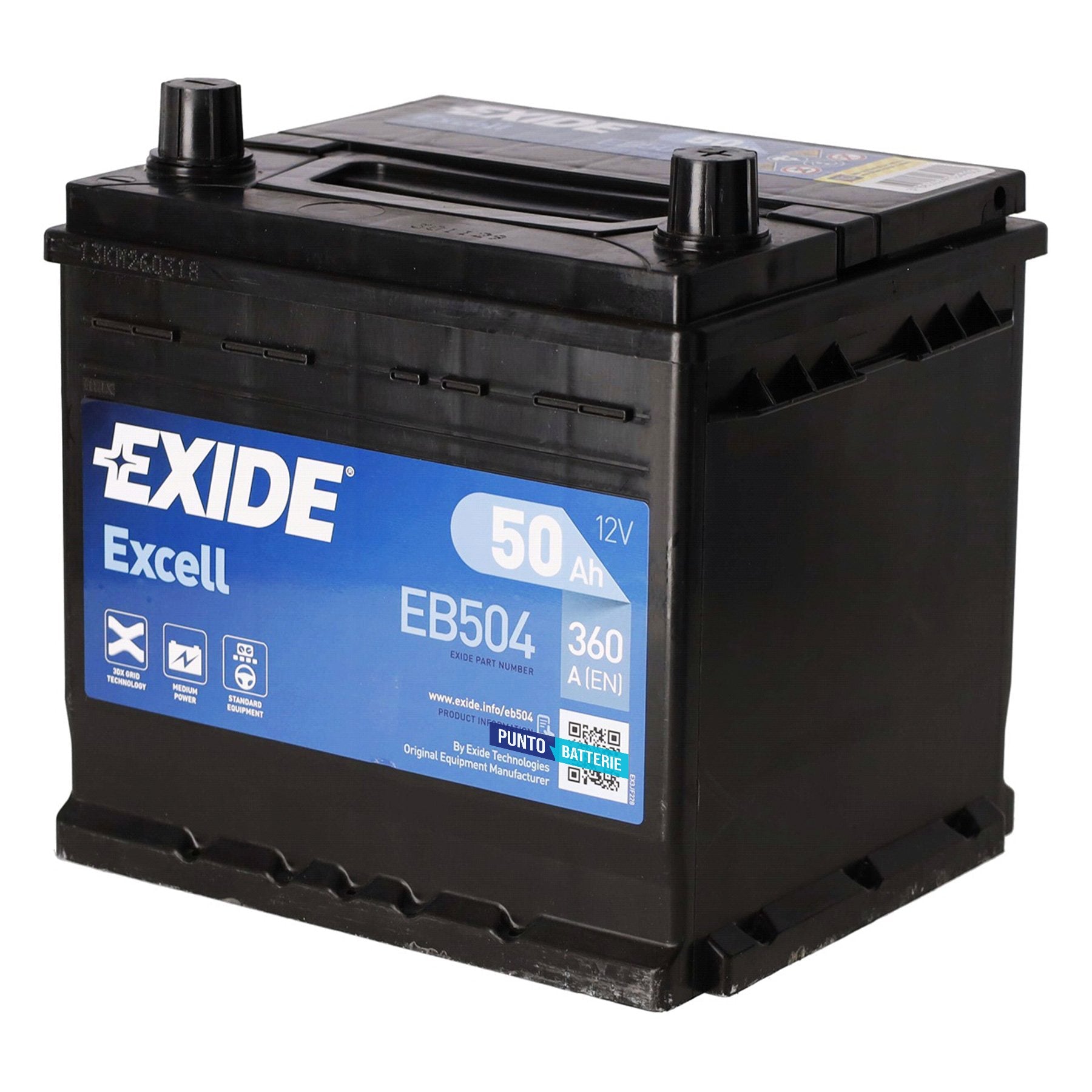 Batteria originale Exide Excell EB504, dimensioni 200 x 173 x 222, polo positivo a destra, 12 volt, 50 amperora, 360 ampere. Batteria per auto e veicoli leggeri.