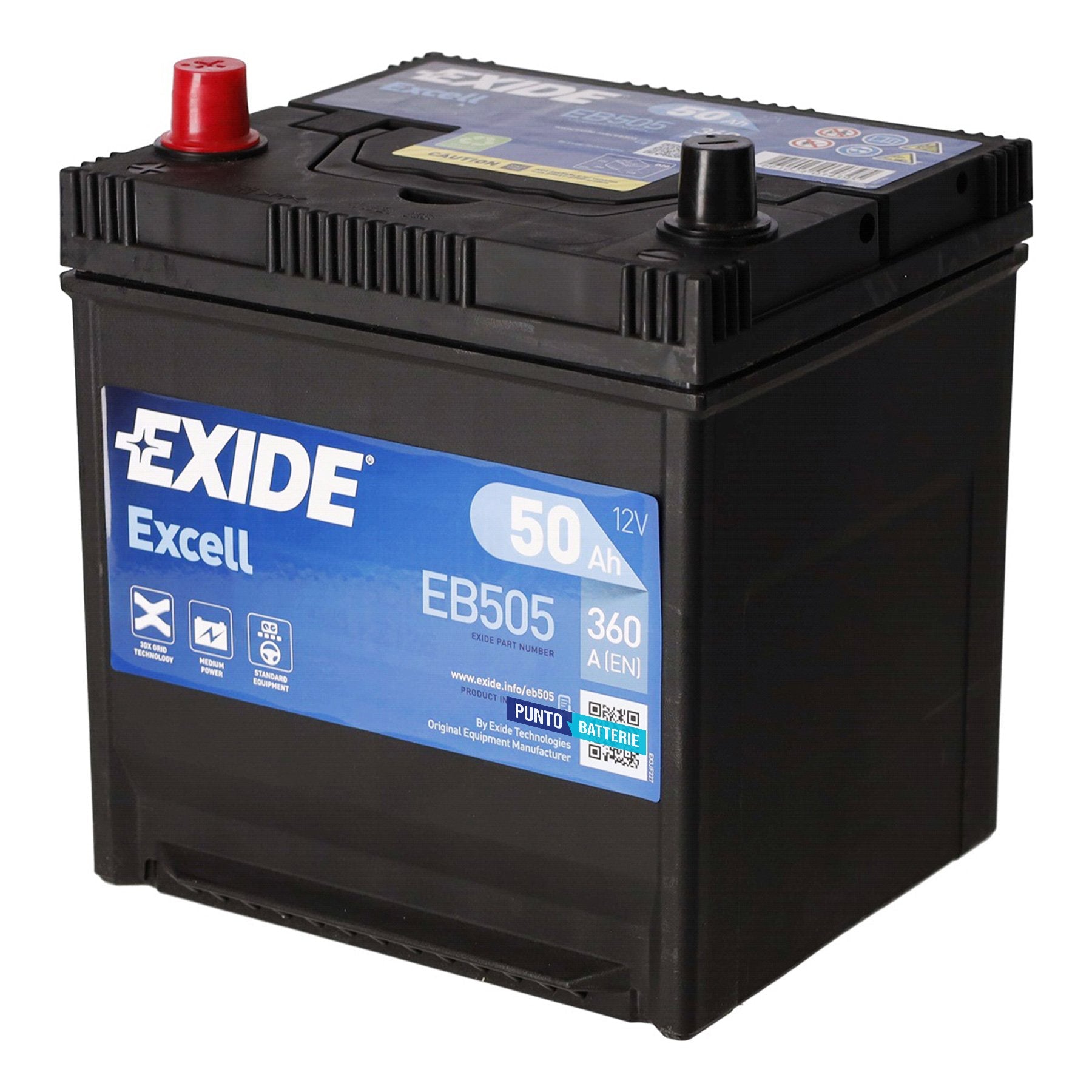 Batteria originale Exide Excell EB505, dimensioni 200 x 173 x 222, polo positivo a sinistra, 12 volt, 50 amperora, 360 ampere. Batteria per auto e veicoli leggeri.