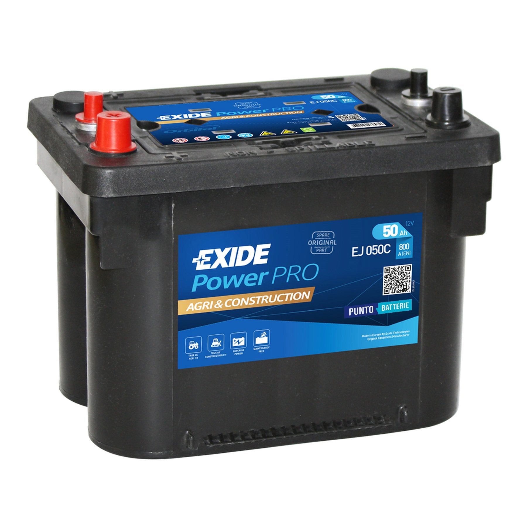Batteria originale Exide Power PRO Agri & Construction EJ050C, dimensioni 260 x 173 x 206, polo positivo a sinistra, 12 volt, 50 amperora, 800 ampere. Batteria per camion e veicoli pesanti.