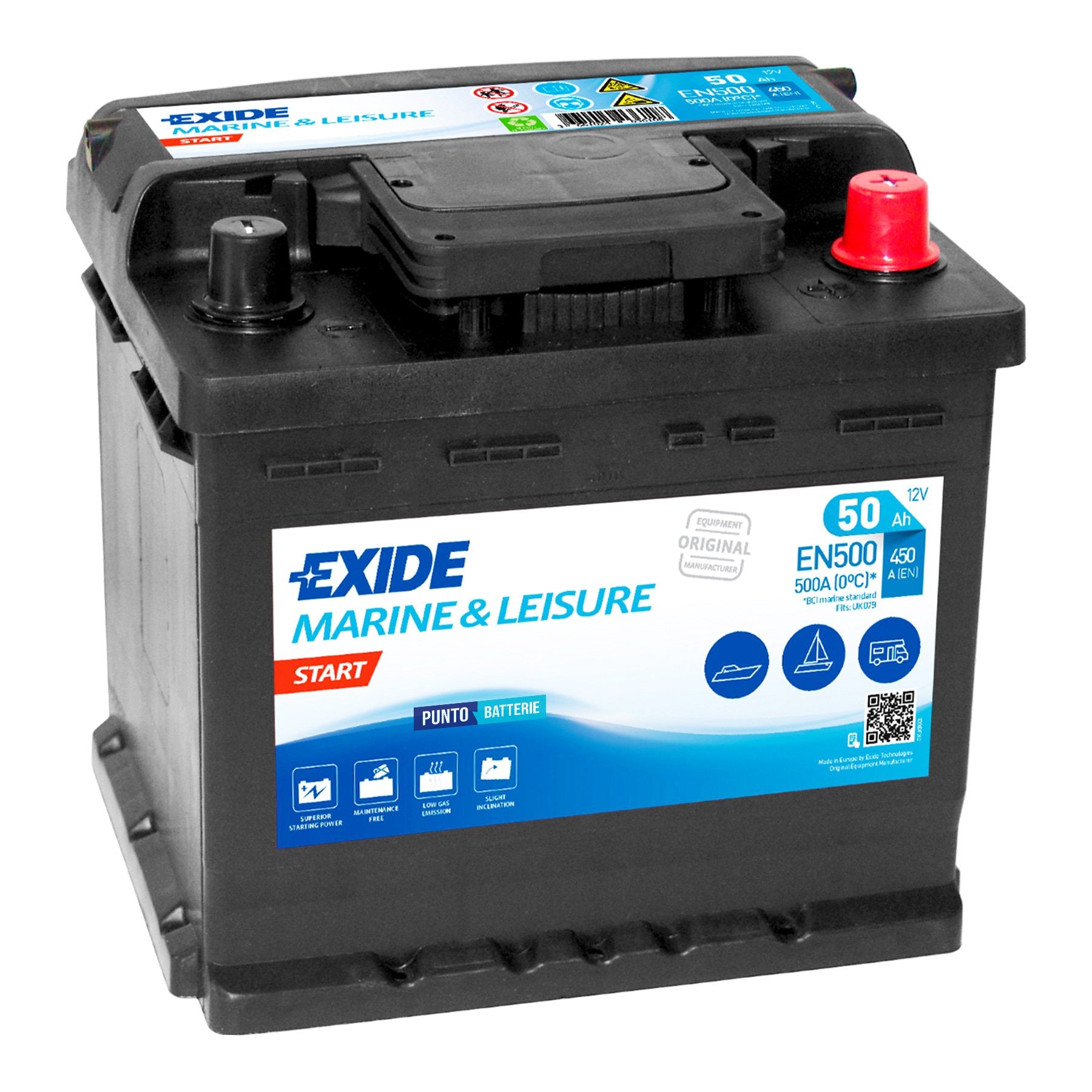 Batteria originale Exide Start EN500, dimensioni 207 x 175 x 190, 12 volt, 50 amperora. Batteria per nautica e campeggio.