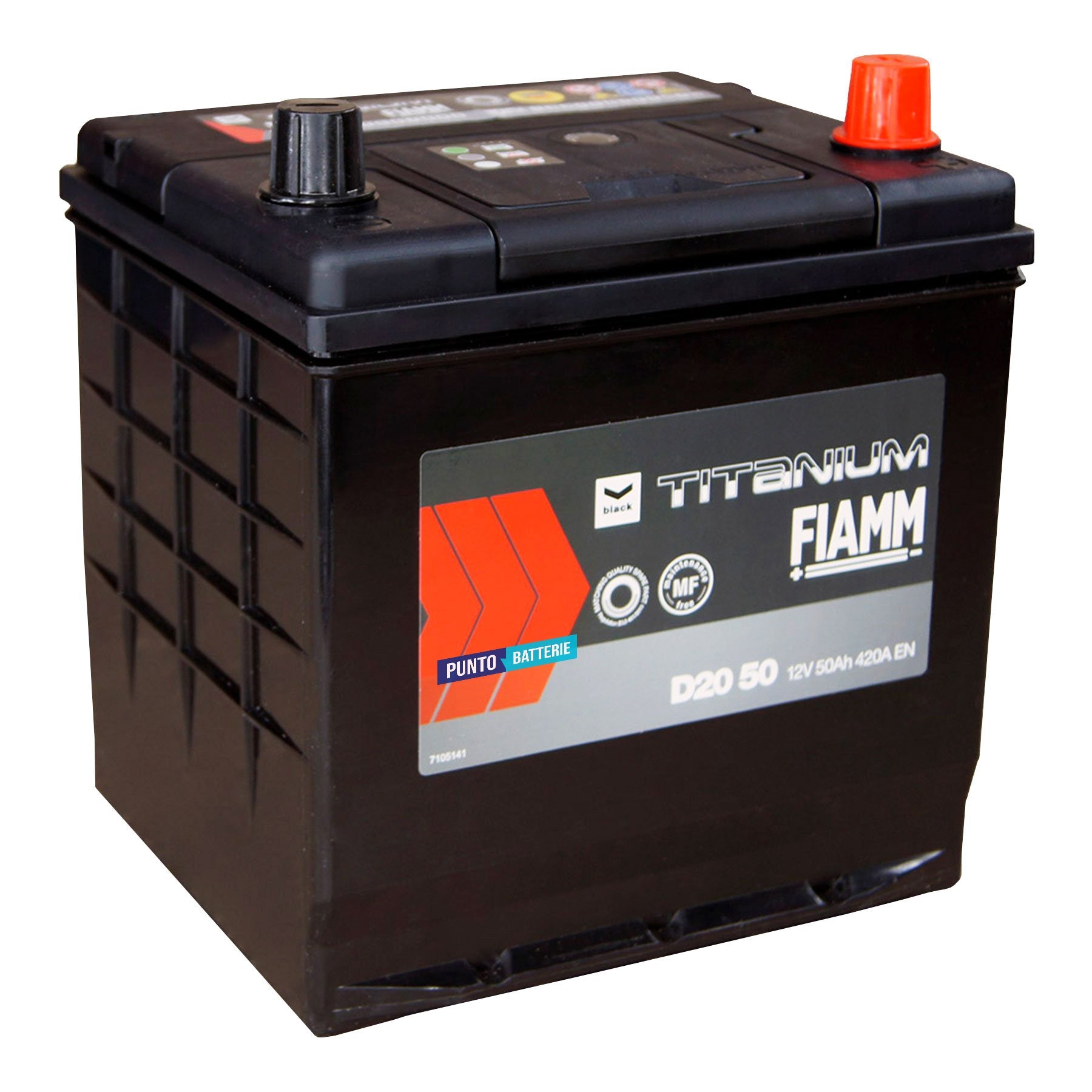 Batteria originale Fiamm Black Titanium D20 50, dimensioni 200 x 170 x 223, polo positivo a destra, 12 volt, 50 amperora, 420 ampere. Batteria per auto e veicoli leggeri.