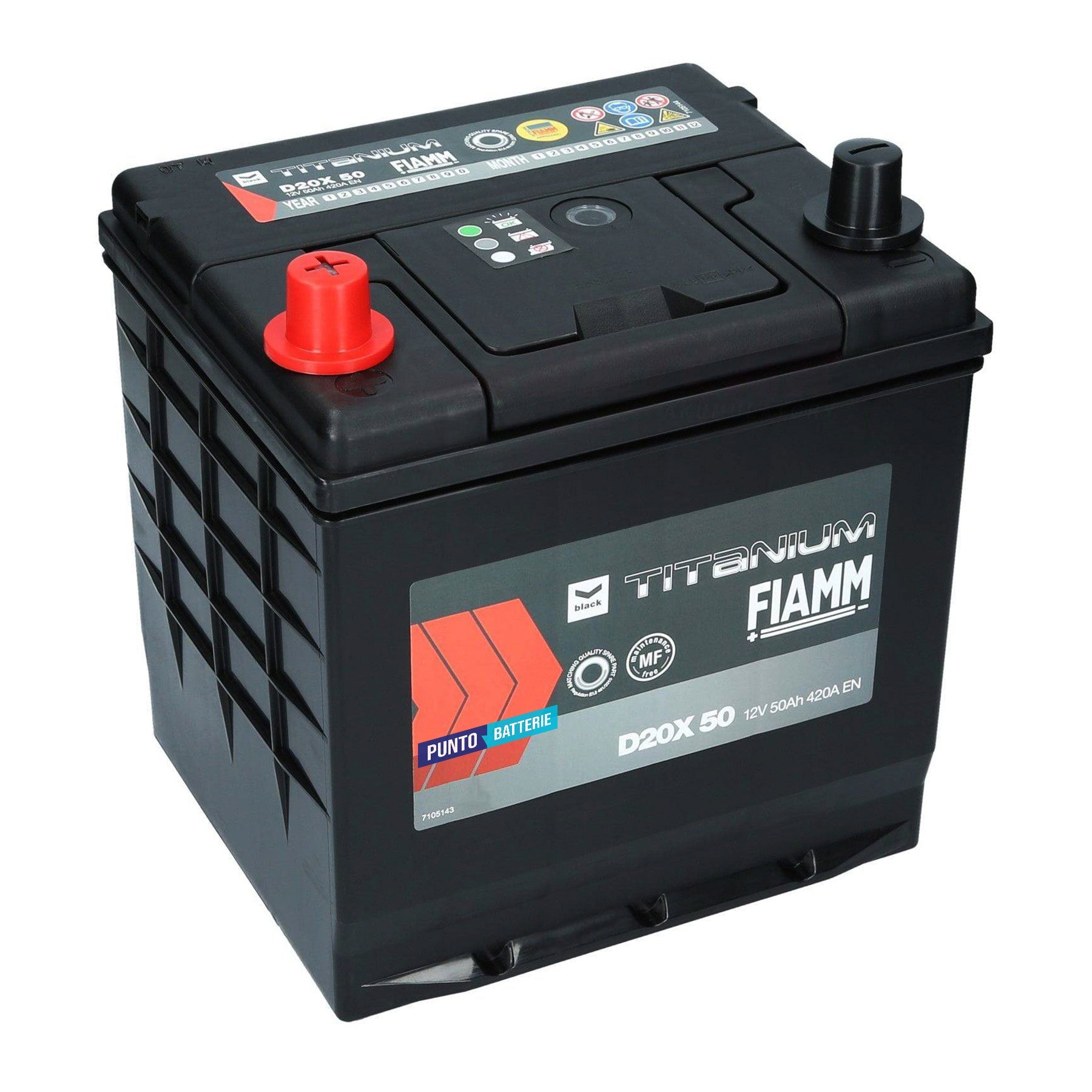 Batteria originale Fiamm Black Titanium D20X 50, dimensioni 200 x 170 x 223, polo positivo a sinistra, 12 volt, 50 amperora, 420 ampere. Batteria per auto e veicoli leggeri.