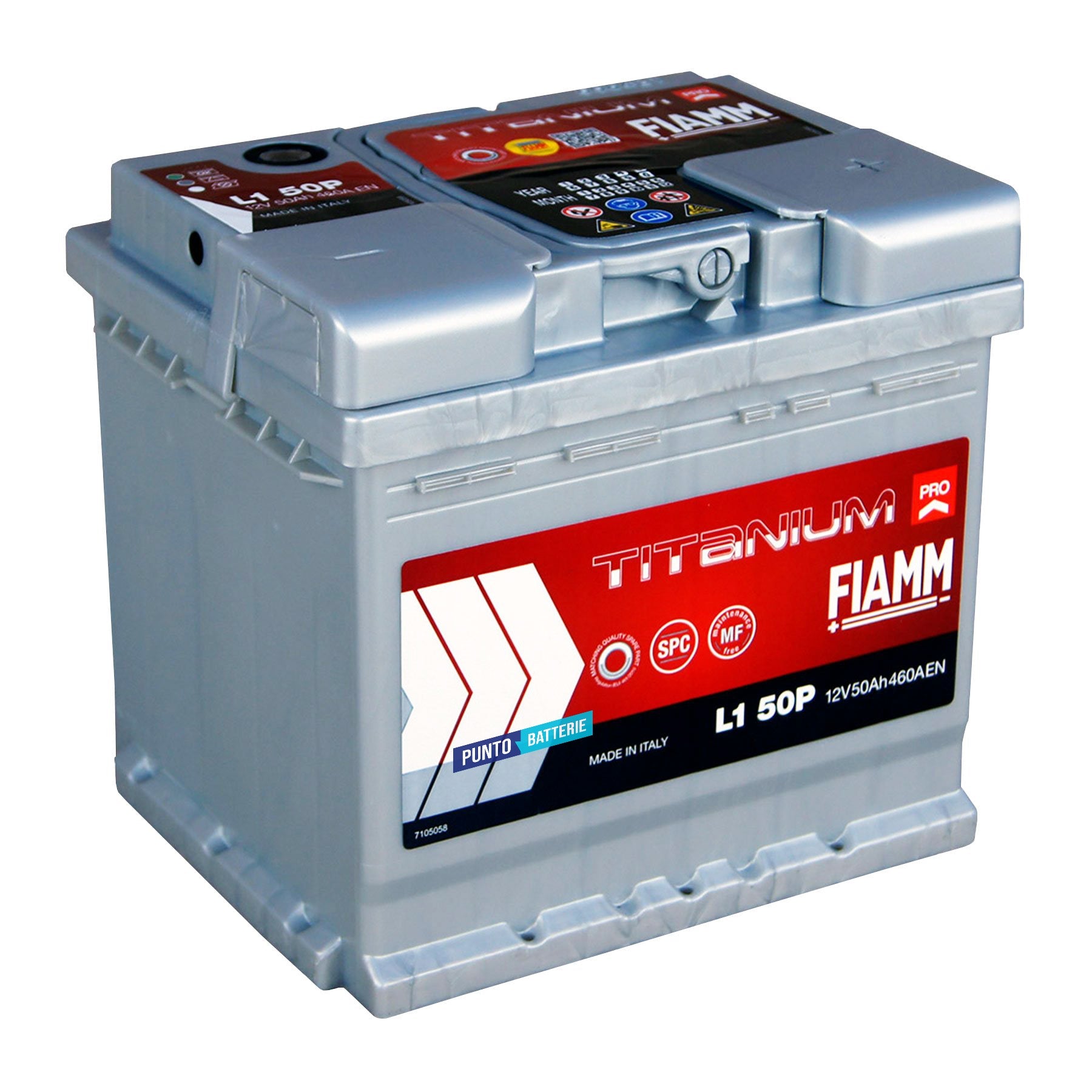 Batteria originale Fiamm Titanium PRO L1 50P, dimensioni 207 x 175 x 190, polo positivo a destra, 12 volt, 50 amperora, 460 ampere. Batteria per auto e veicoli leggeri.