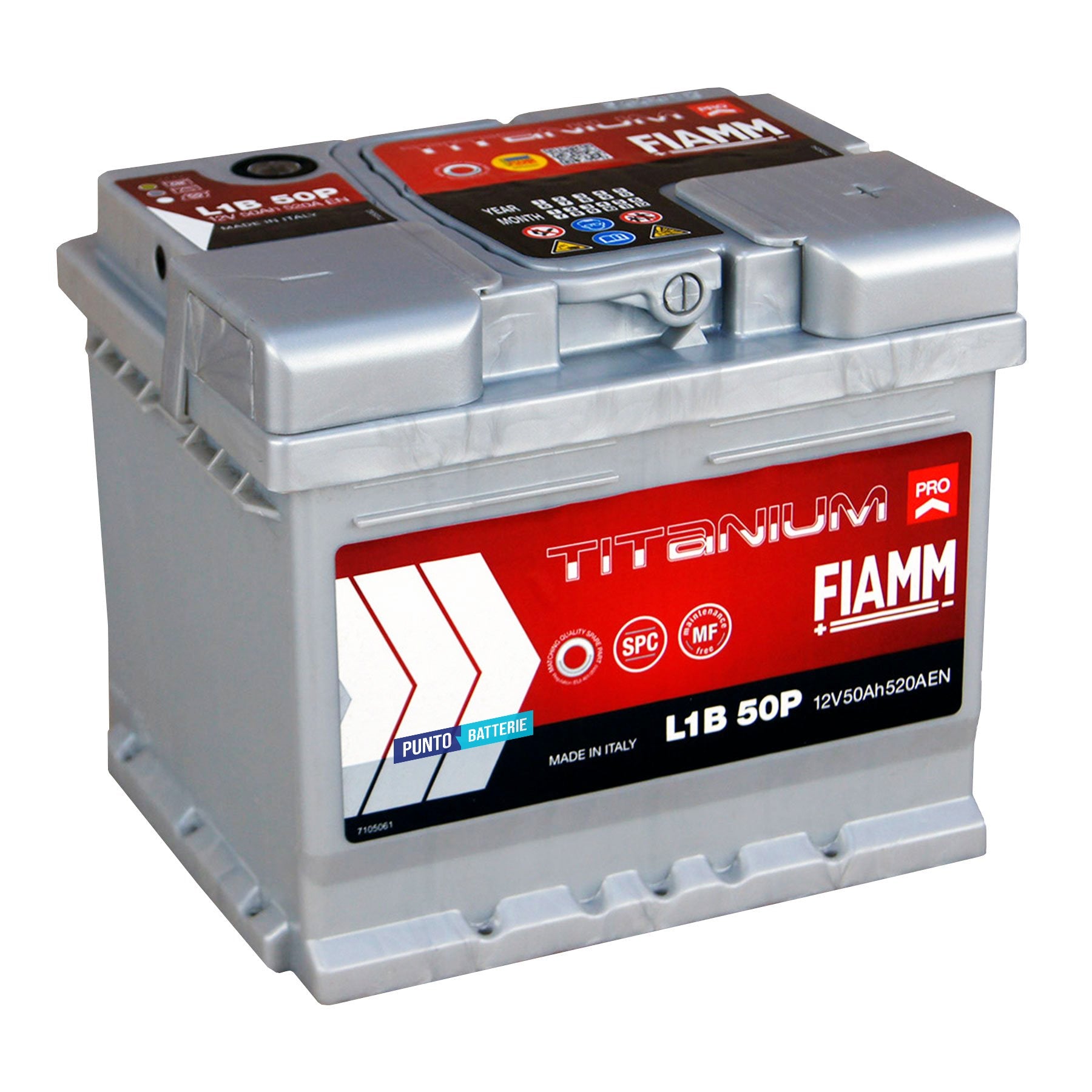Batteria originale Fiamm Titanium PRO L1B 50P, dimensioni 207 x 175 x 175, polo positivo a destra, 12 volt, 50 amperora, 520 ampere. Batteria per auto e veicoli leggeri.