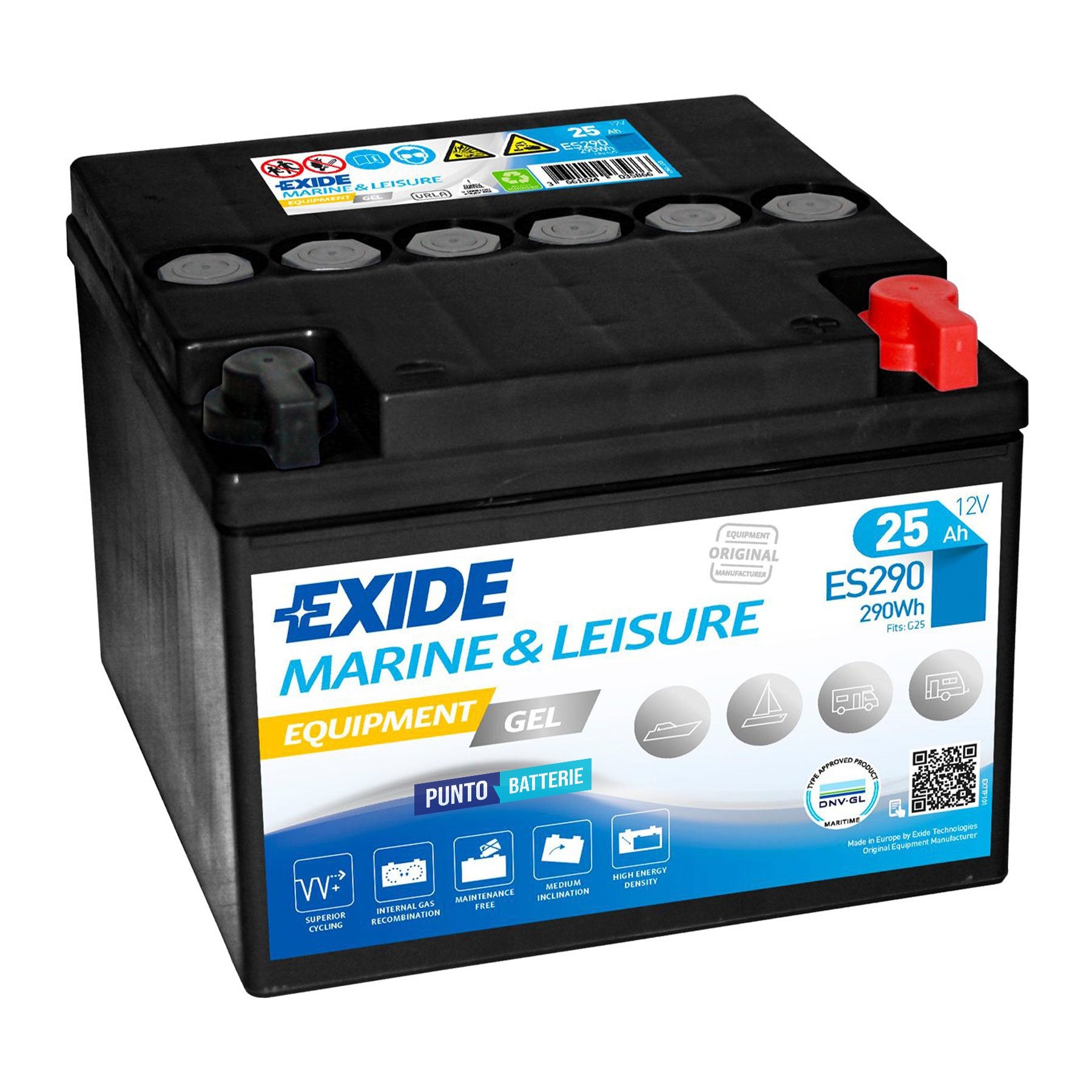 Batteria originale Exide Equipment Gel ES290, dimensioni 166 x 175 x 125, 12 volt, 50 amperora, GEL. Batteria per servizi di camper, barca e applicazioni a scarica lenta.