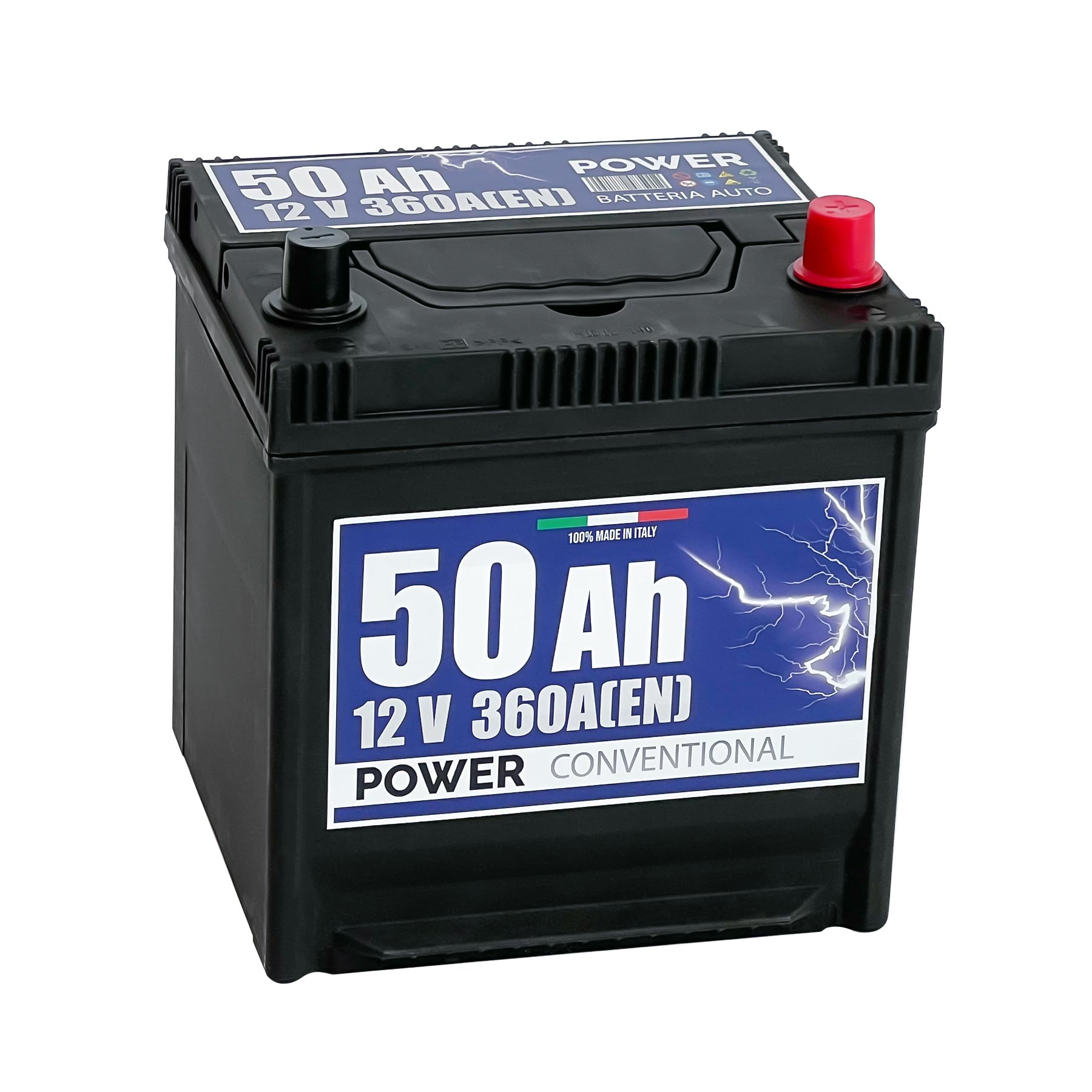 Batteria originale Power Conventional PB504, dimensioni 200 x 170 x 222, polo positivo a destra, 12 volt, 50 amperora, 360 ampere. Batteria per auto e veicoli leggeri.