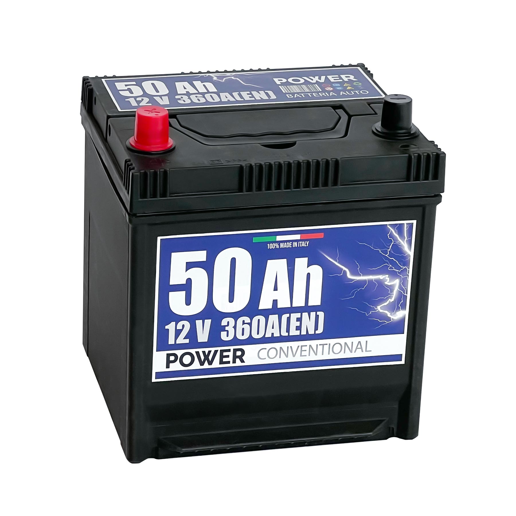 Batteria originale Power Conventional PB505, dimensioni 200 x 170 x 222, polo positivo a sinistra, 12 volt, 50 amperora, 360 ampere. Batteria per auto e veicoli leggeri.