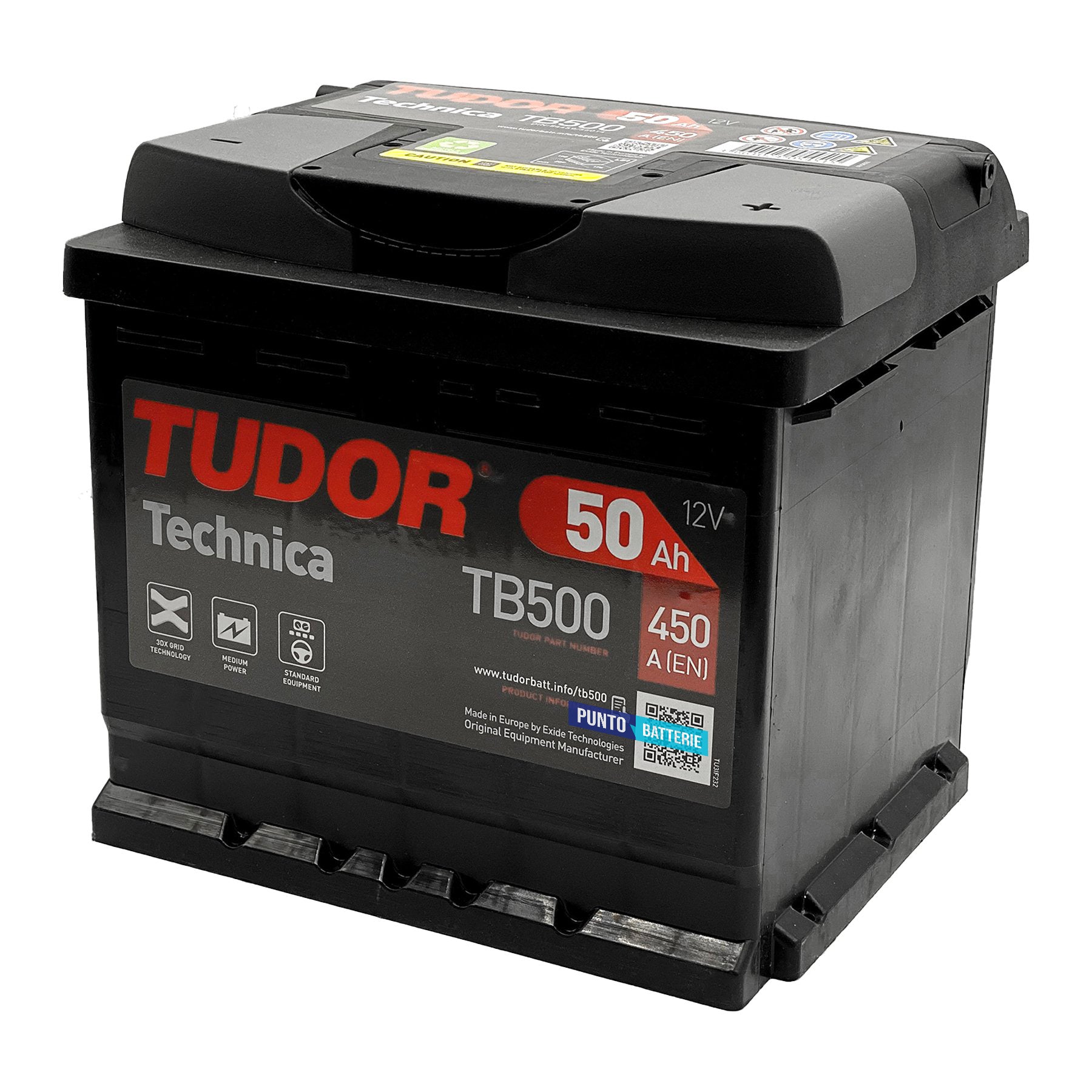 Batteria originale Tudor Technica TB500, dimensioni 207 x 175 x 190, polo positivo a destra, 12 volt, 50 amperora, 450 ampere. Batteria per auto e veicoli leggeri.