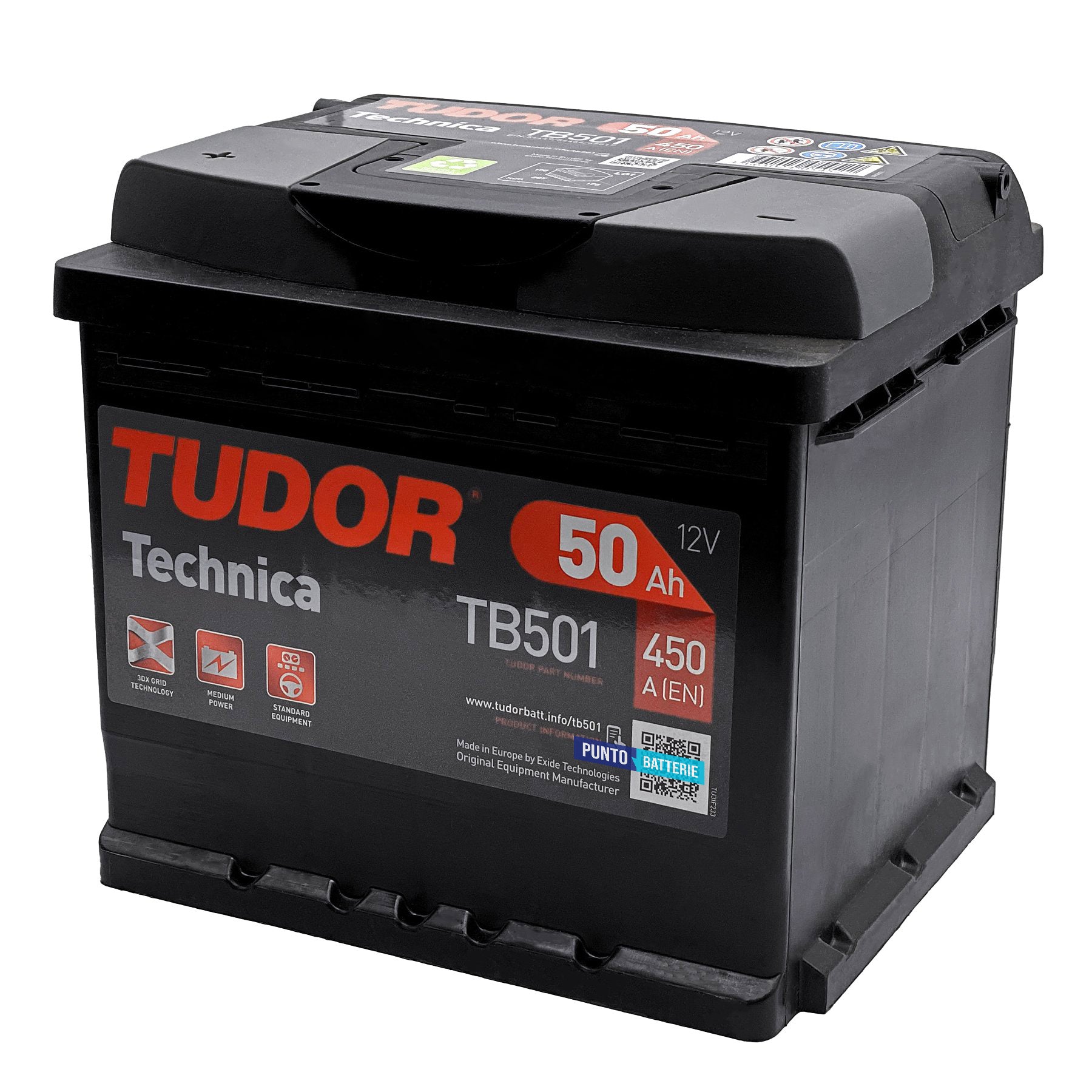 Batteria originale Tudor Technica TB501, dimensioni 207 x 175 x 190, polo positivo a sinistra, 12 volt, 50 amperora, 450 ampere. Batteria per auto e veicoli leggeri.