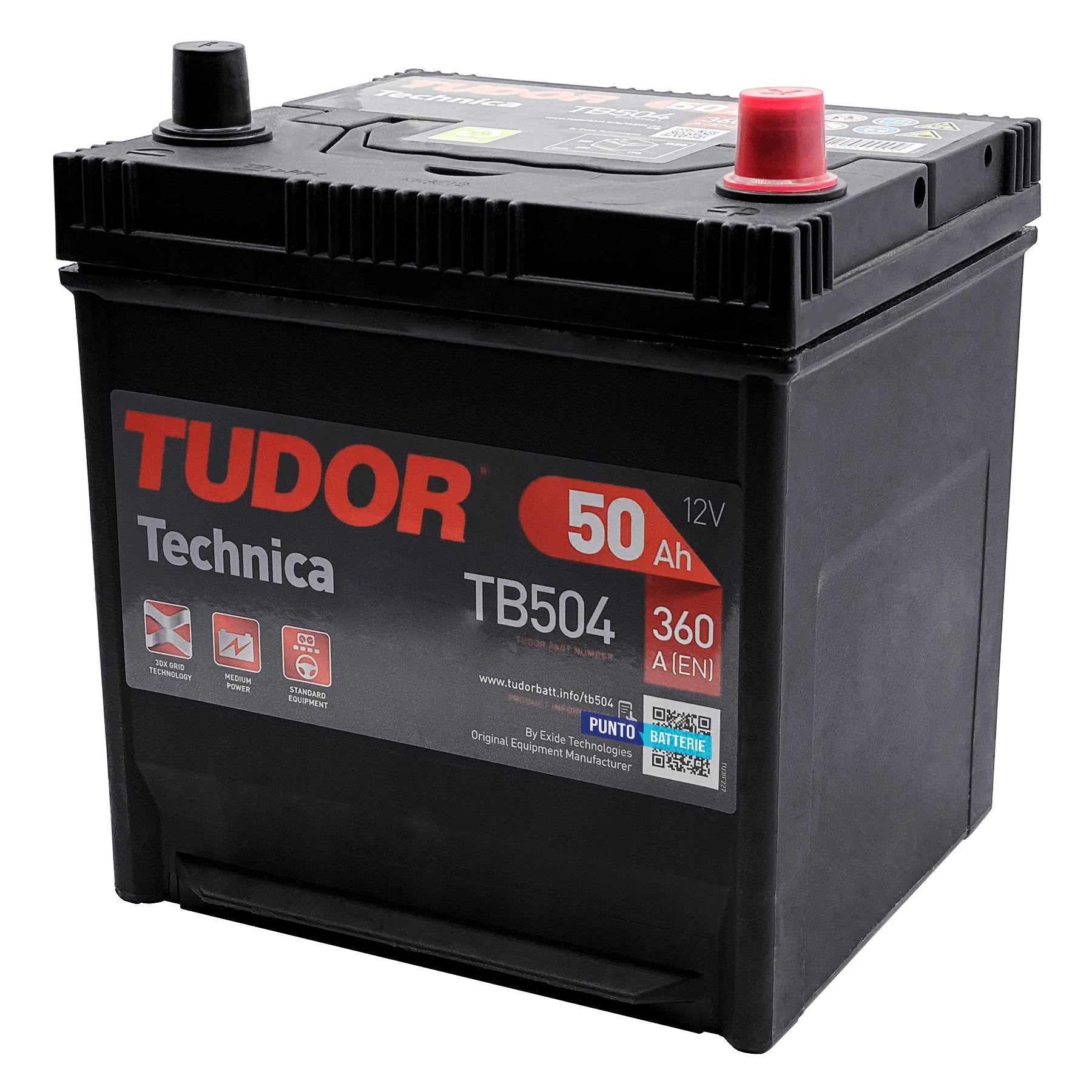Batteria originale Tudor Technica TB504, dimensioni 200 x 173 x 222, polo positivo a destra, 12 volt, 50 amperora, 360 ampere. Batteria per auto e veicoli leggeri.