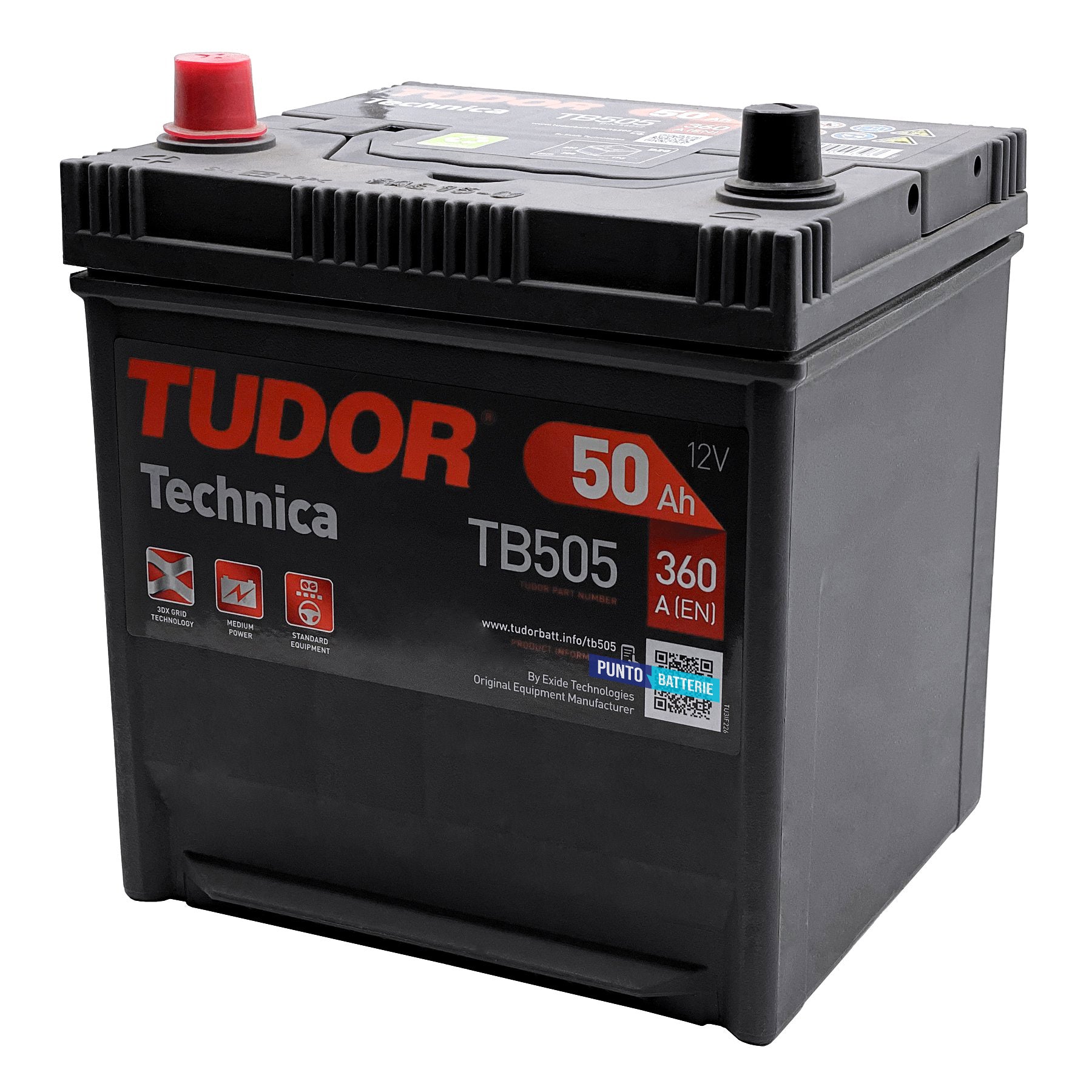 Batteria originale Tudor Technica TB505, dimensioni 200 x 173 x 222, polo positivo a sinistra, 12 volt, 50 amperora, 360 ampere. Batteria per auto e veicoli leggeri.