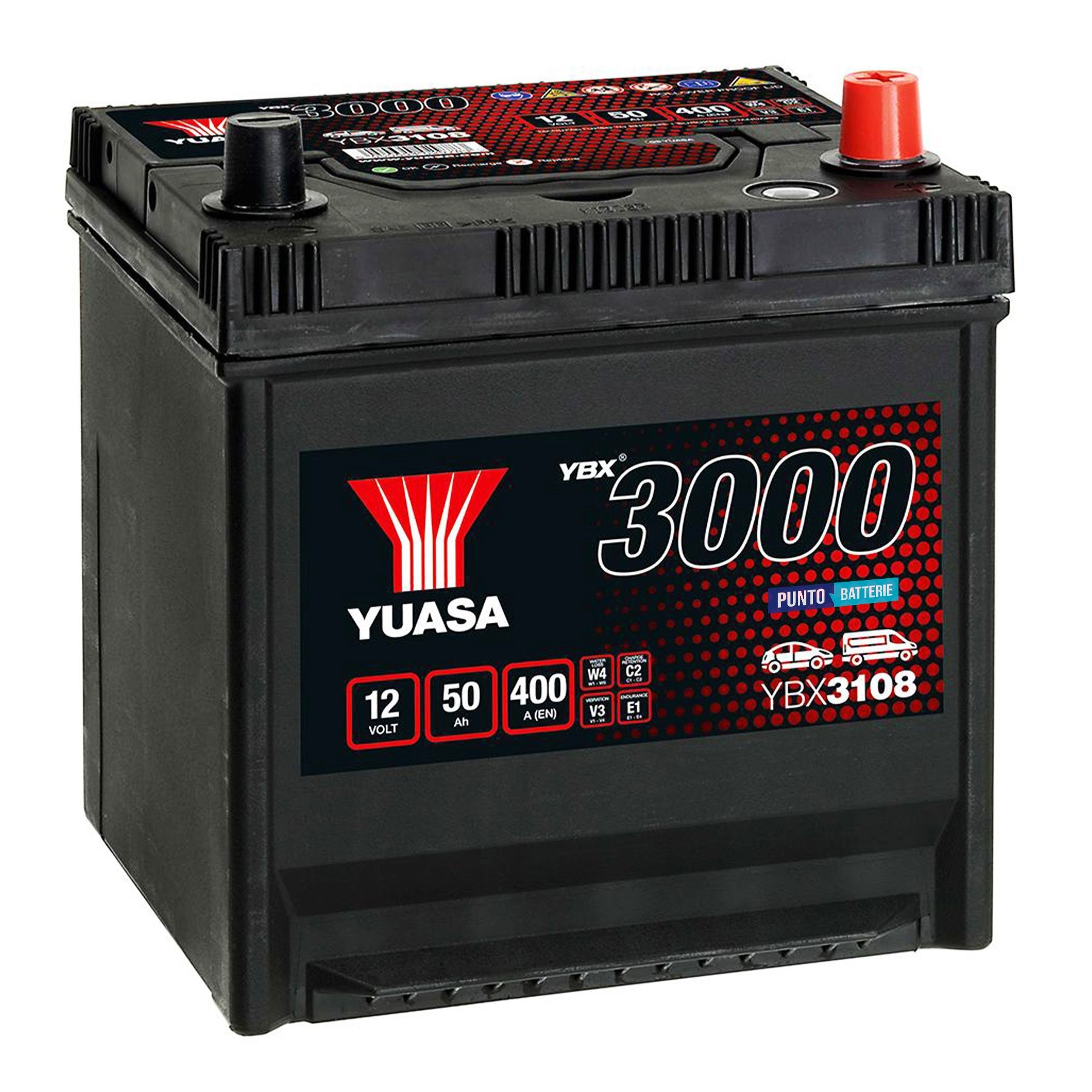 Batteria originale Yuasa YBX3000 YBX3108, dimensioni 202 x 173 x 225, polo positivo a destra, 12 volt, 50 amperora, 400 ampere. Batteria per auto e veicoli leggeri.