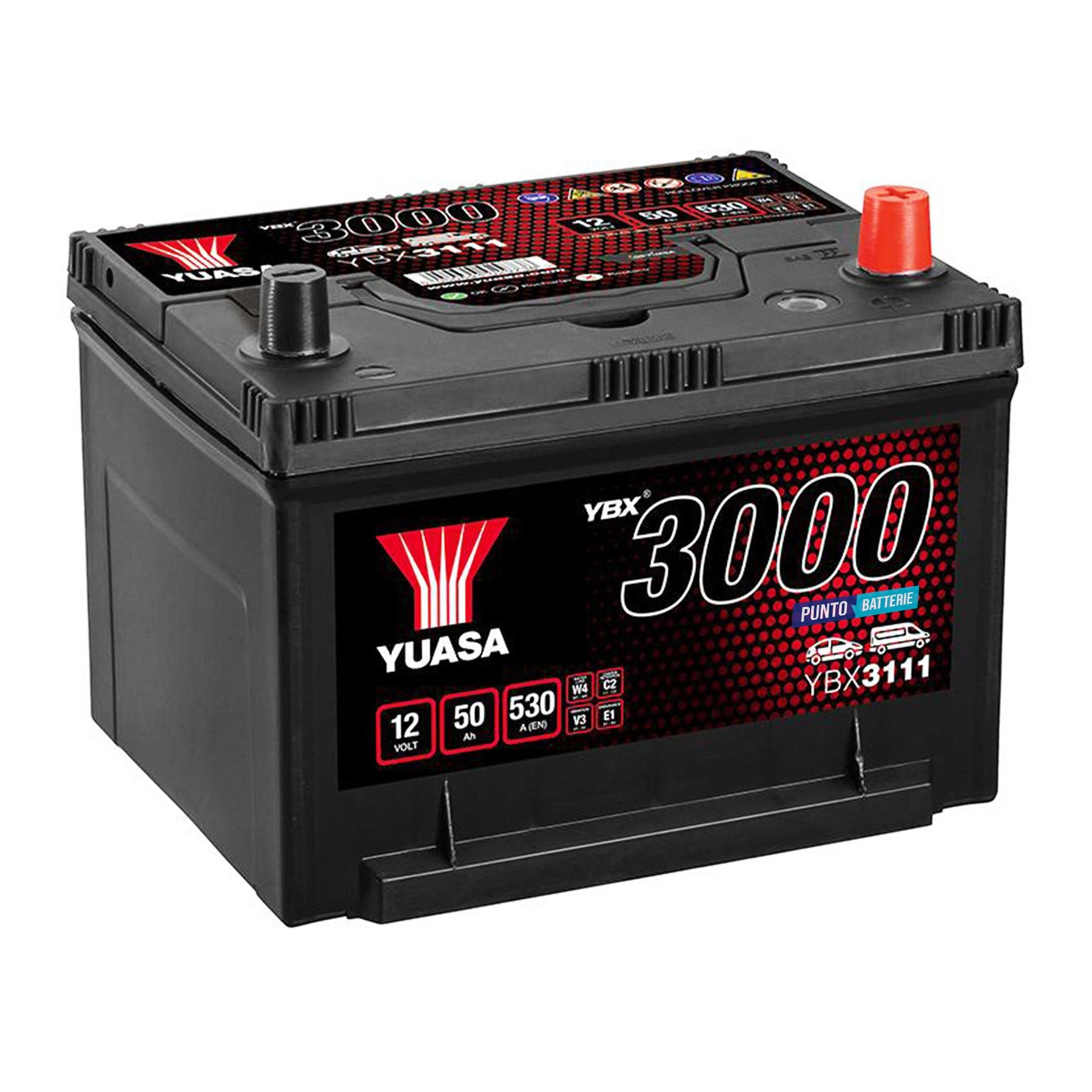 Batteria originale Yuasa YBX3000 YBX3111, dimensioni 236 x 182 x 177, polo positivo a destra, 12 volt, 50 amperora, 530 ampere. Batteria per auto e veicoli leggeri.