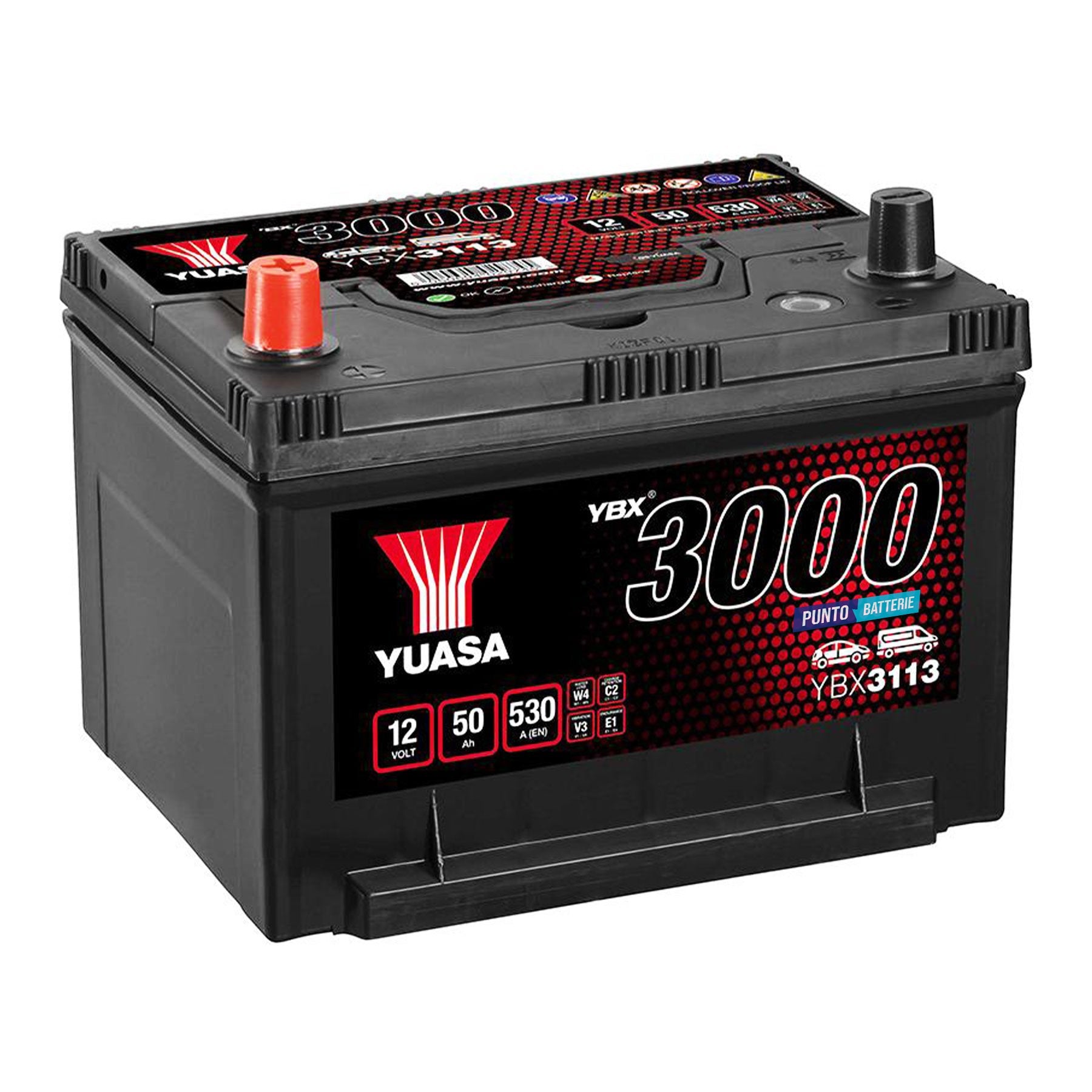 Batteria originale Yuasa YBX3000 YBX3113, dimensioni 236 x 182 x 177, polo positivo a sinistra, 12 volt, 50 amperora, 530 ampere. Batteria per auto e veicoli leggeri.