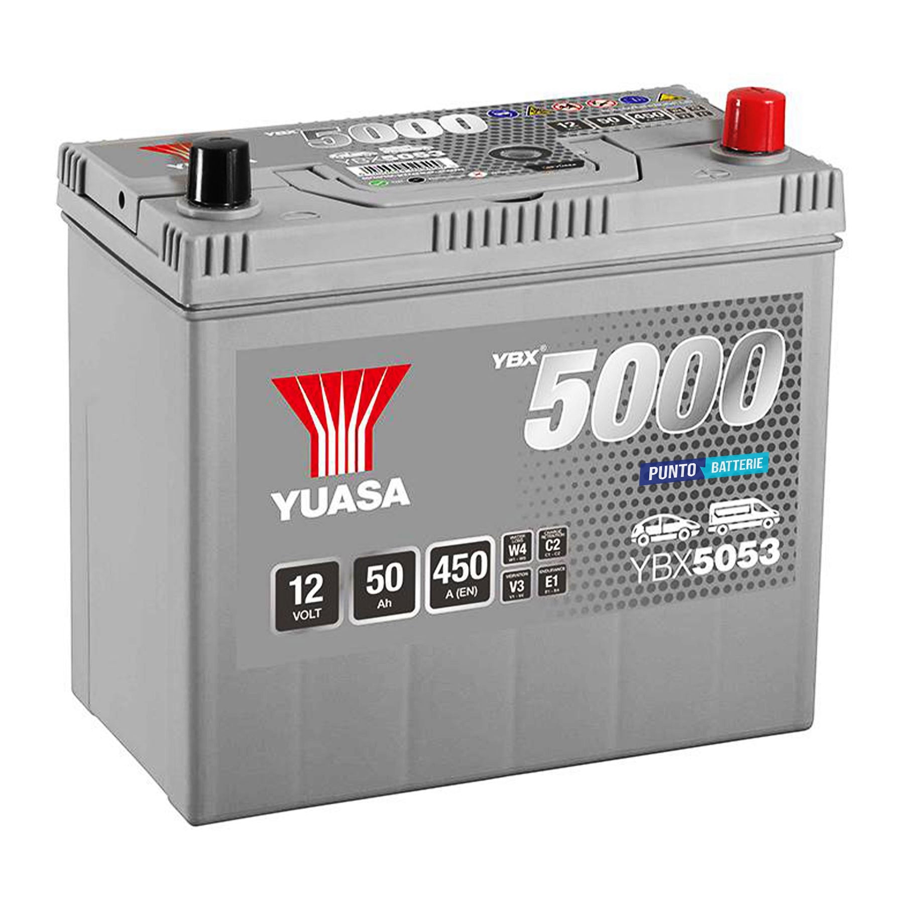 Batteria originale Yuasa YBX5000 YBX5053, dimensioni 238 x 129 x 223, polo positivo a destra, 12 volt, 50 amperora, 450 ampere. Batteria per auto e veicoli leggeri.