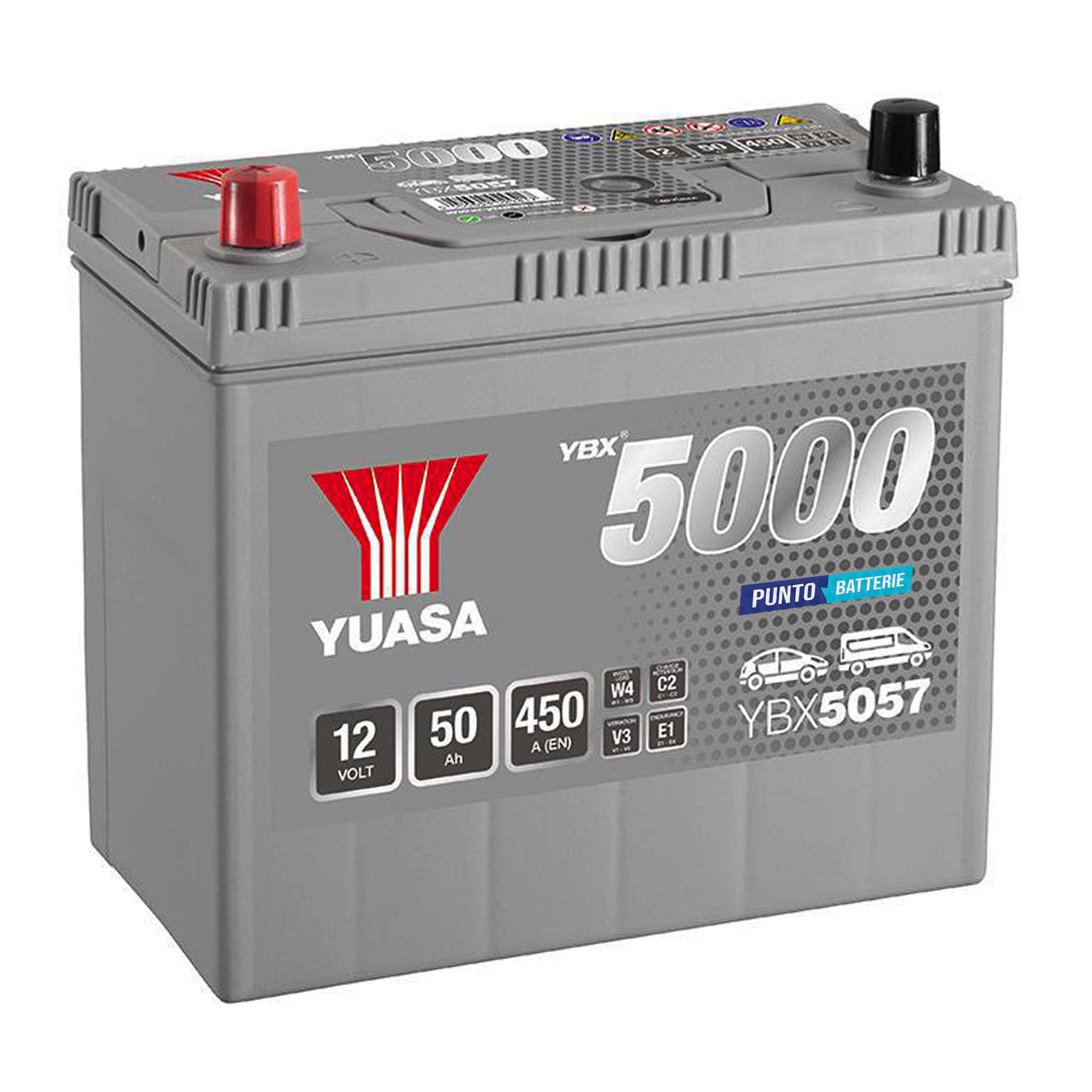 Batteria originale Yuasa YBX5000 YBX5057, dimensioni 238 x 129 x 223, polo positivo a sinistra, 12 volt, 50 amperora, 450 ampere. Batteria per auto e veicoli leggeri.