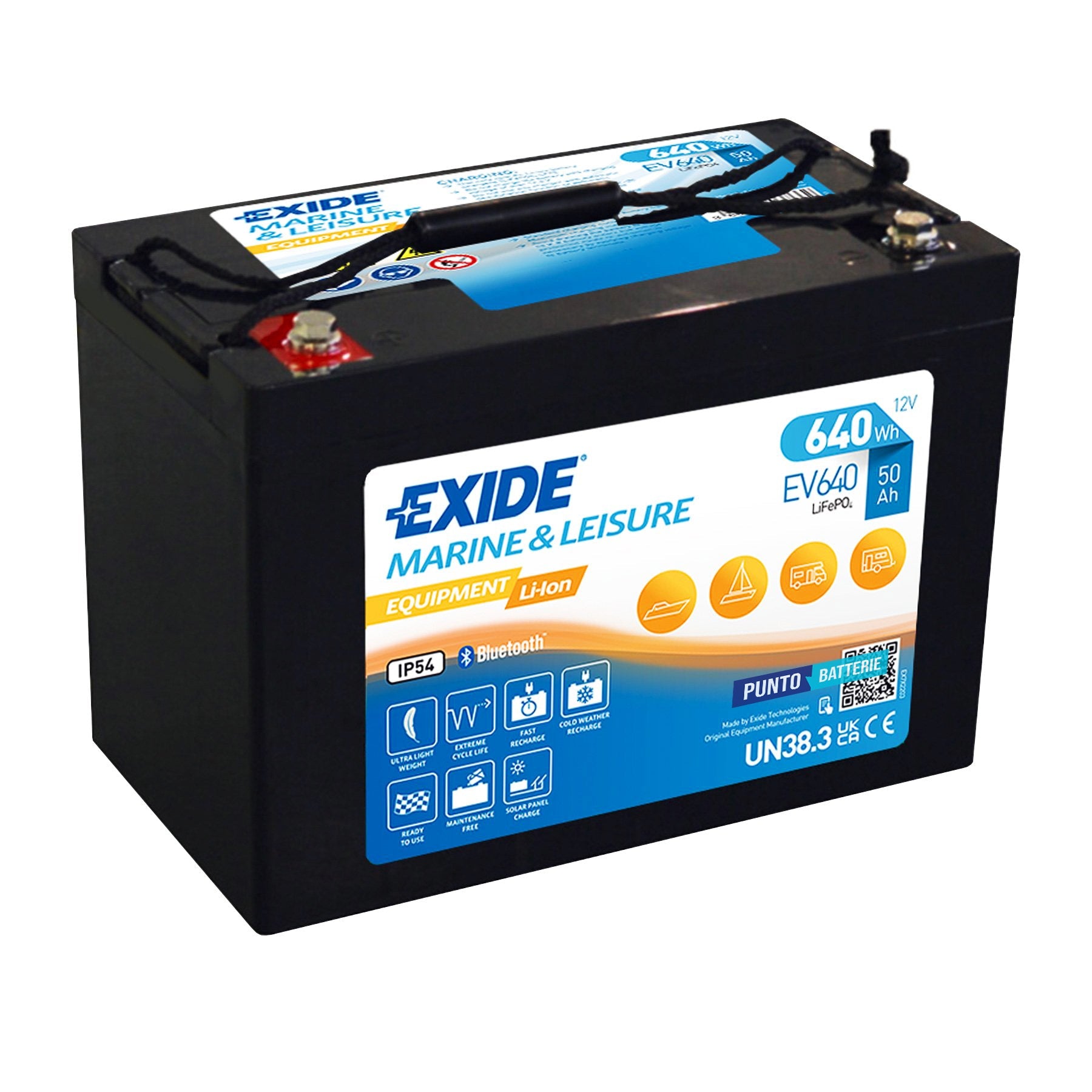 Batteria originale Exide Equipment Li-Ion EV640, dimensioni 307 x 170 x 215, 12 volt, 50 amperora, LI-ION. Batteria per servizi di camper, barca e applicazioni a scarica lenta.