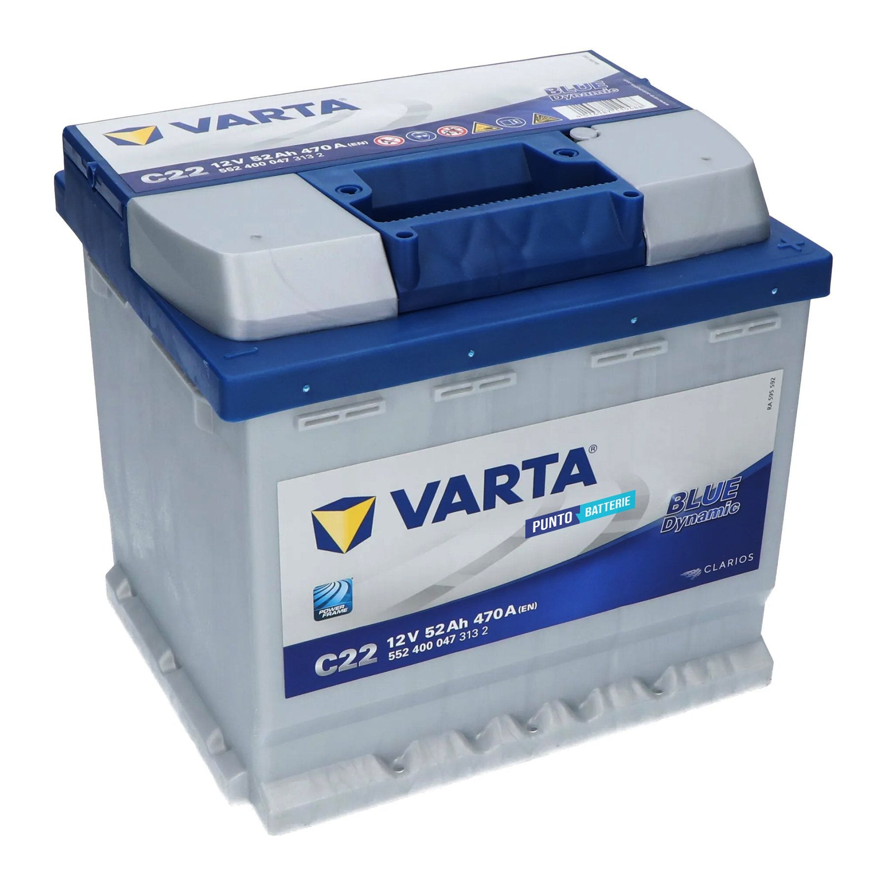 Batteria originale Varta Blue Dynamic C22, dimensioni 207 x 175 x 190, polo positivo a destra, 12 volt, 52 amperora, 470 ampere. Batteria per auto e veicoli leggeri.
