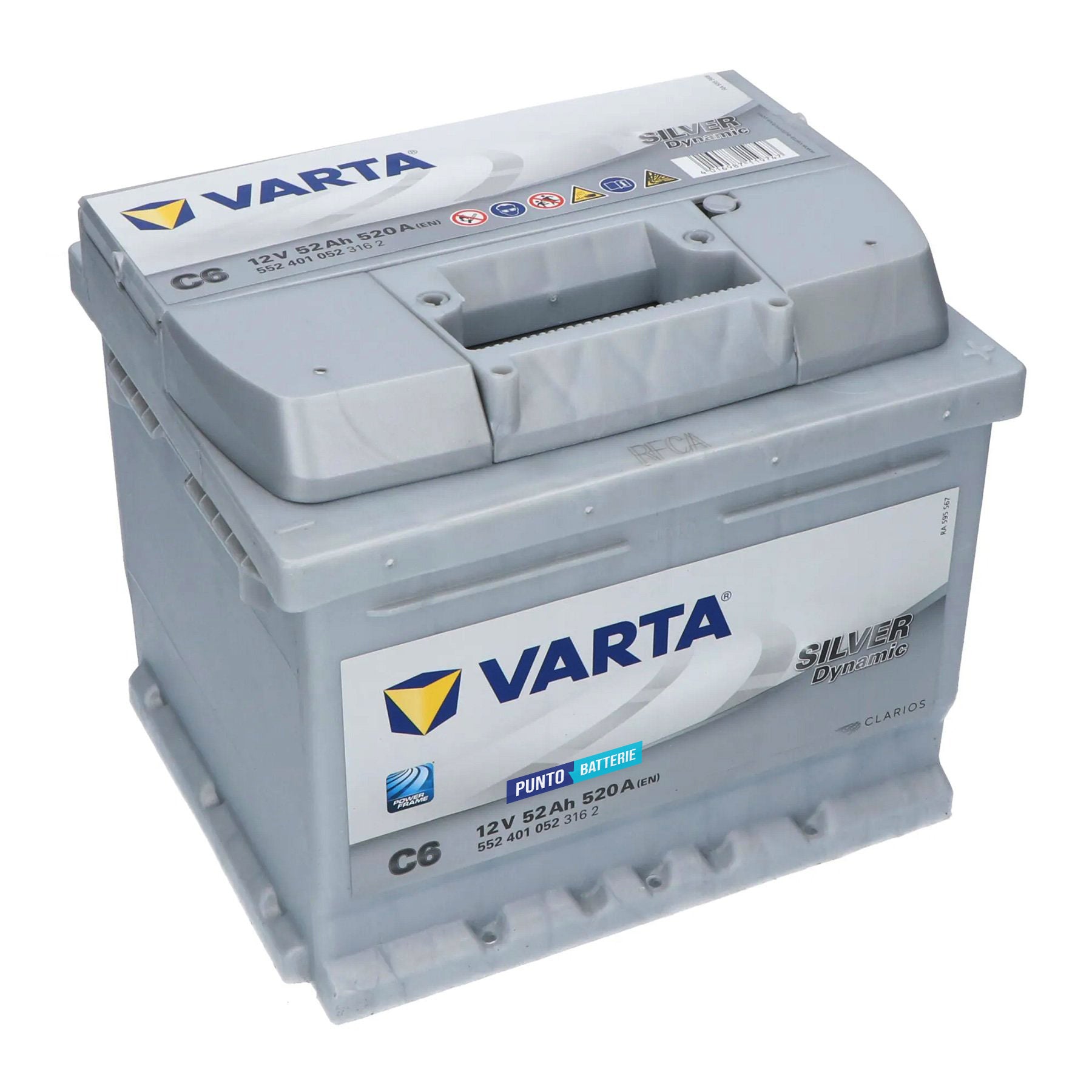 Batteria originale Varta Silver Dynamic C6, dimensioni 207 x 175 x 175, polo positivo a destra, 12 volt, 52 amperora, 520 ampere. Batteria per auto e veicoli leggeri.
